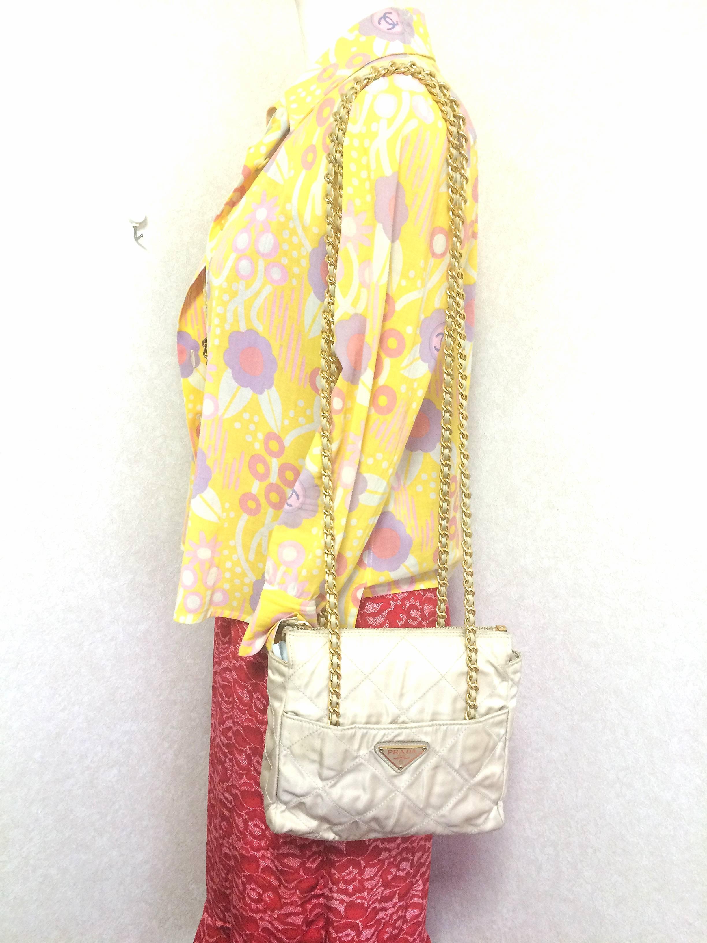 Vintage Prada quilted nylon ivory beige shoulder bag with golden chain straps 2