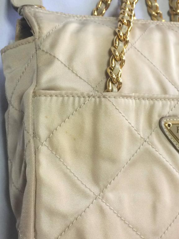 Vintage Prada quilted nylon ivory beige shoulder bag with golden chain