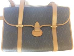 Vintage Christian Dior brown and grey shoulder tote bag with leather trimming