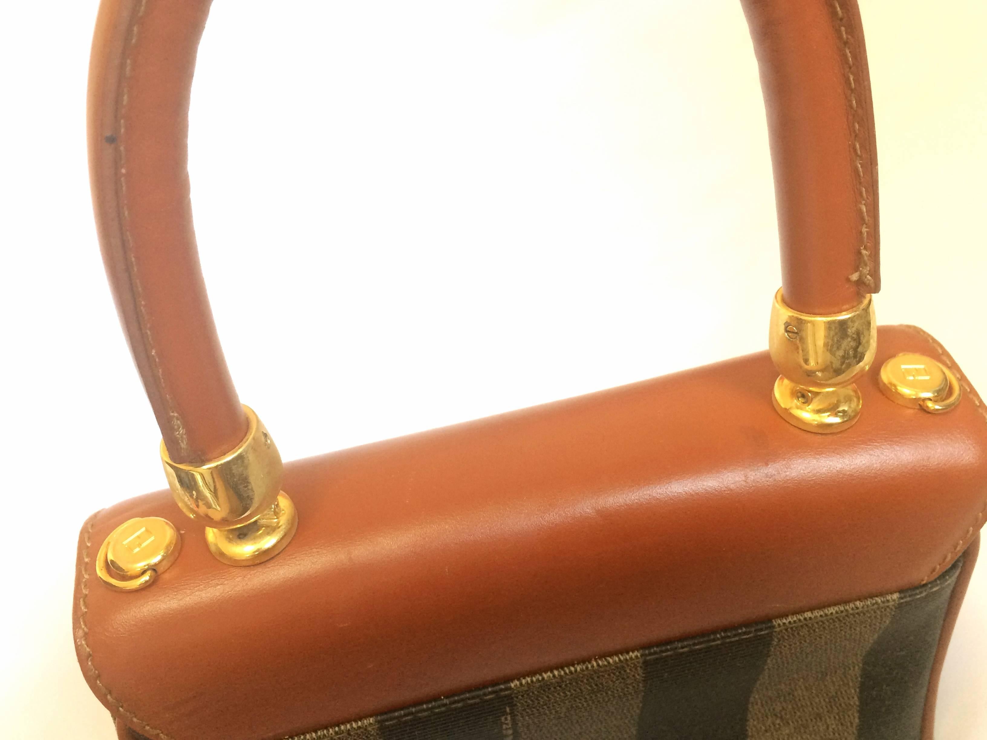 Brown Vintage FENDI kelly bag style mini handbag in pecan stripes and brown leather
