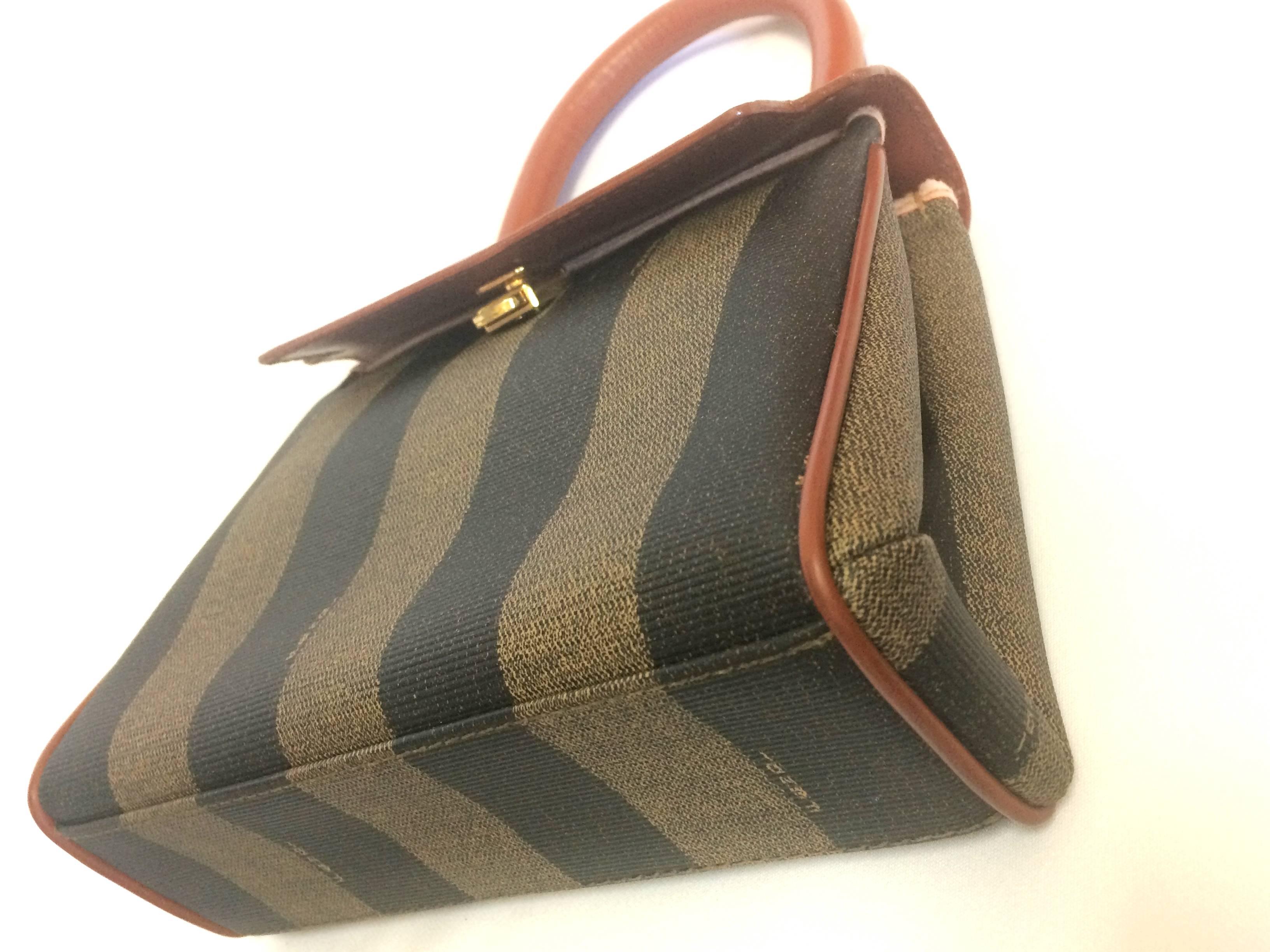 Vintage FENDI kelly bag style mini handbag in pecan stripes and brown leather In Good Condition In Kashiwa, Chiba