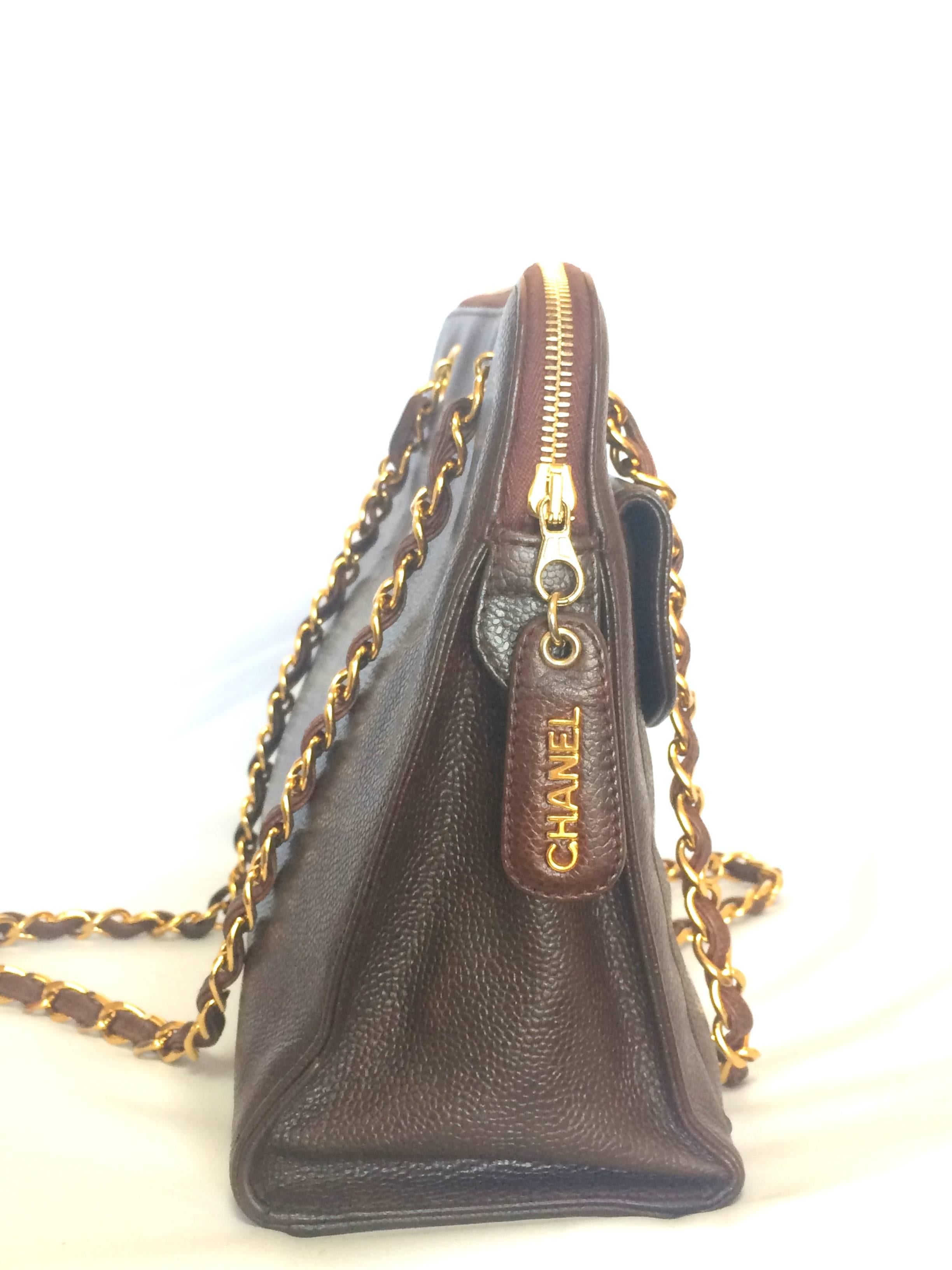 Black Vintage CHANEL dark brown caviar leather chain shoulder tote bag with golden CC. For Sale