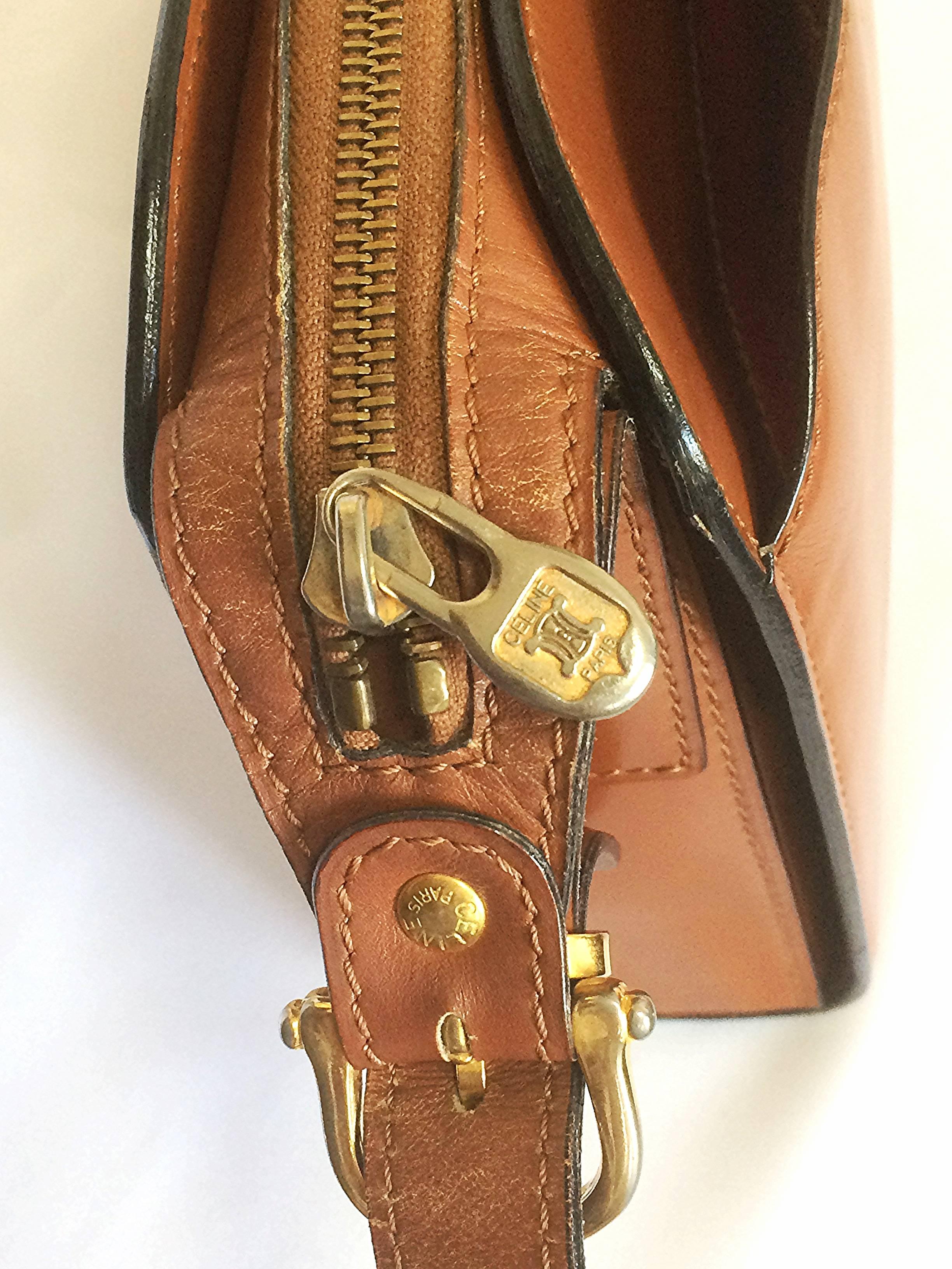 Vintage CELINE genuine brown leather shoulder bag with golden logo motif. 2