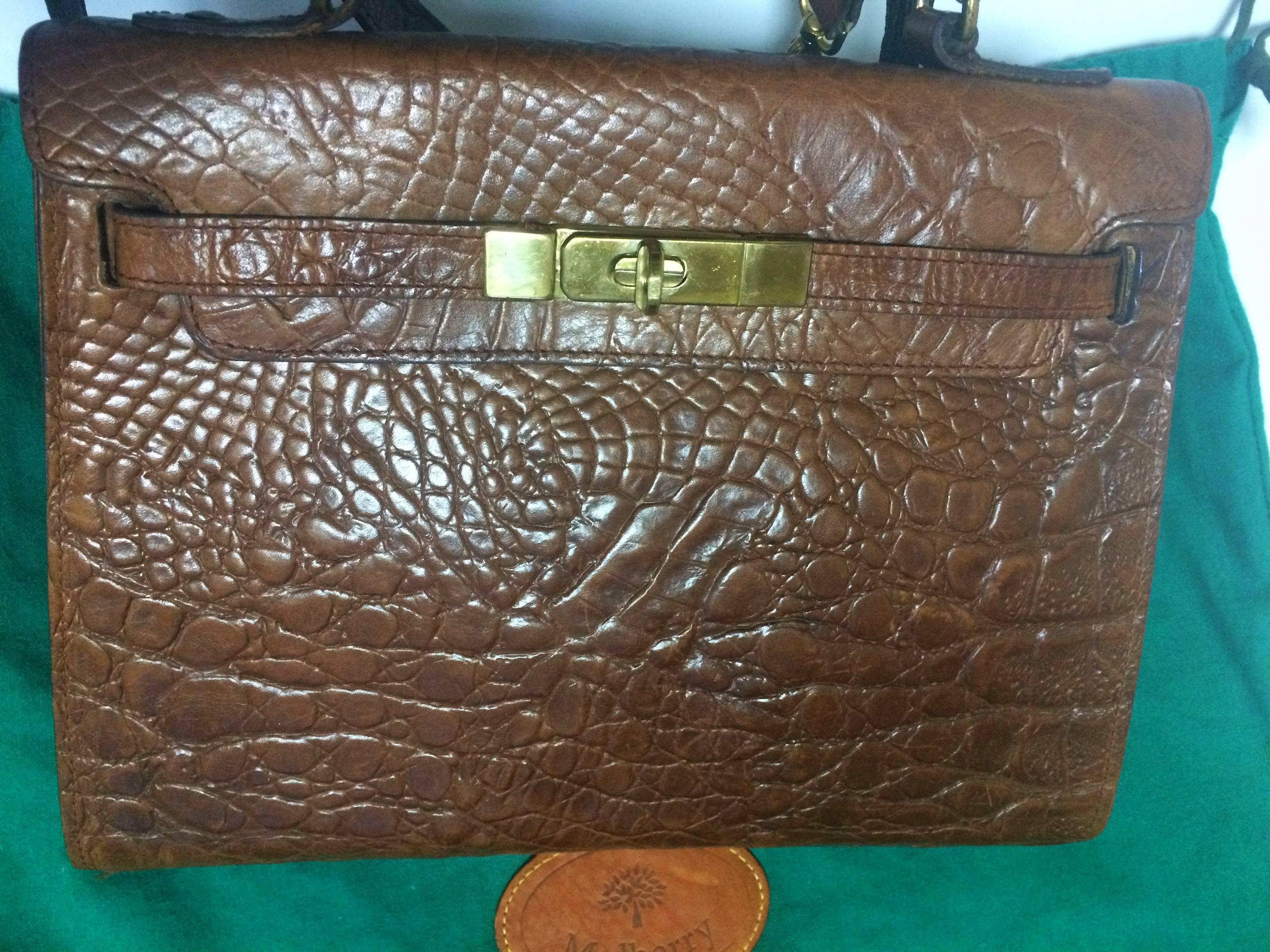 Vintage Mulberry croc embossed brown Kelly bag with shoulder strap. Roger Saul. For Sale 2
