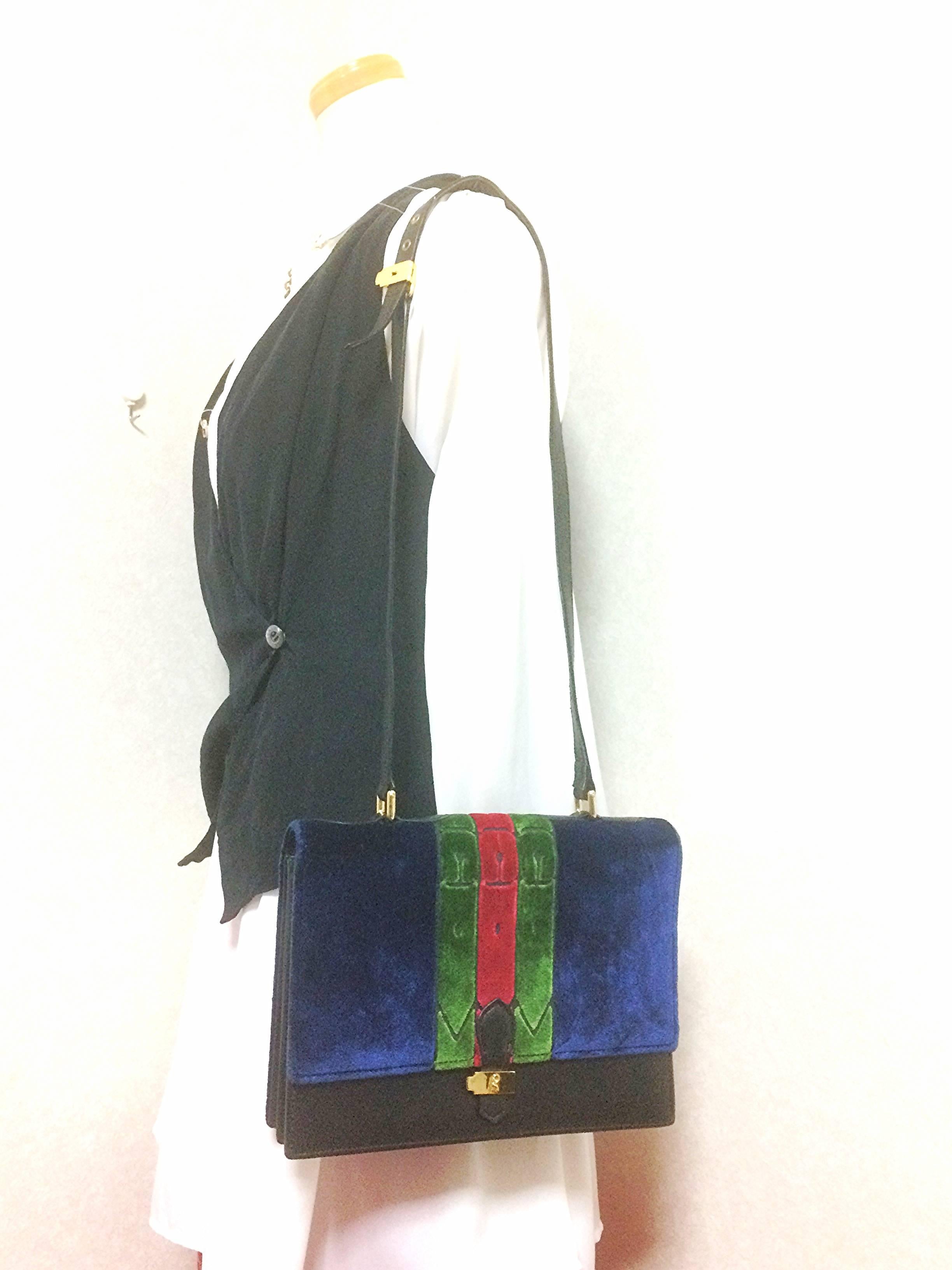 Vintage Roberta di Camerino red, navy, and green ribbon velvet shoulder bag. 4