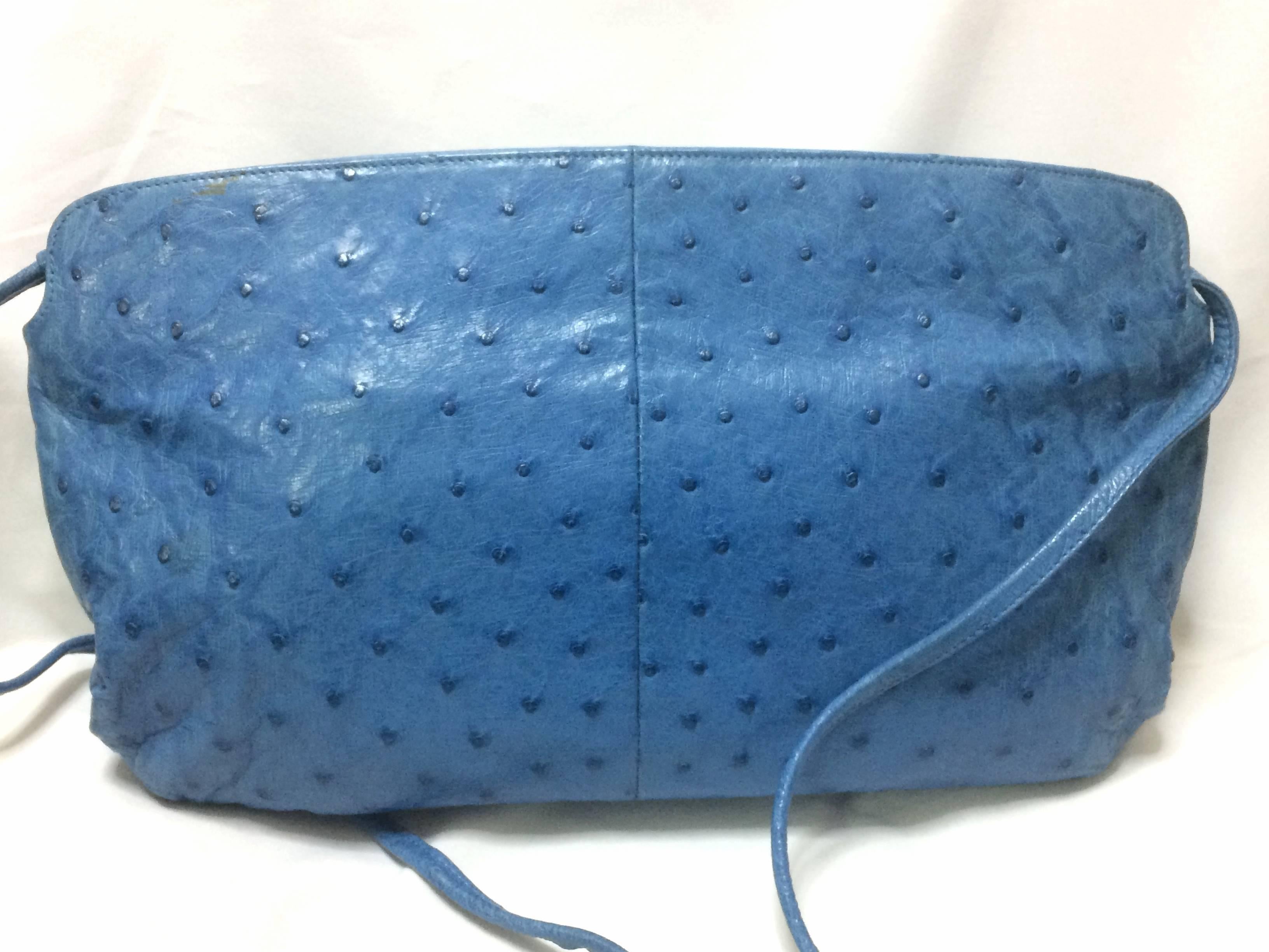 Blue Vintage BALLY genuine blue ostrich leather shoulder bag with gathered knot, 1bow For Sale