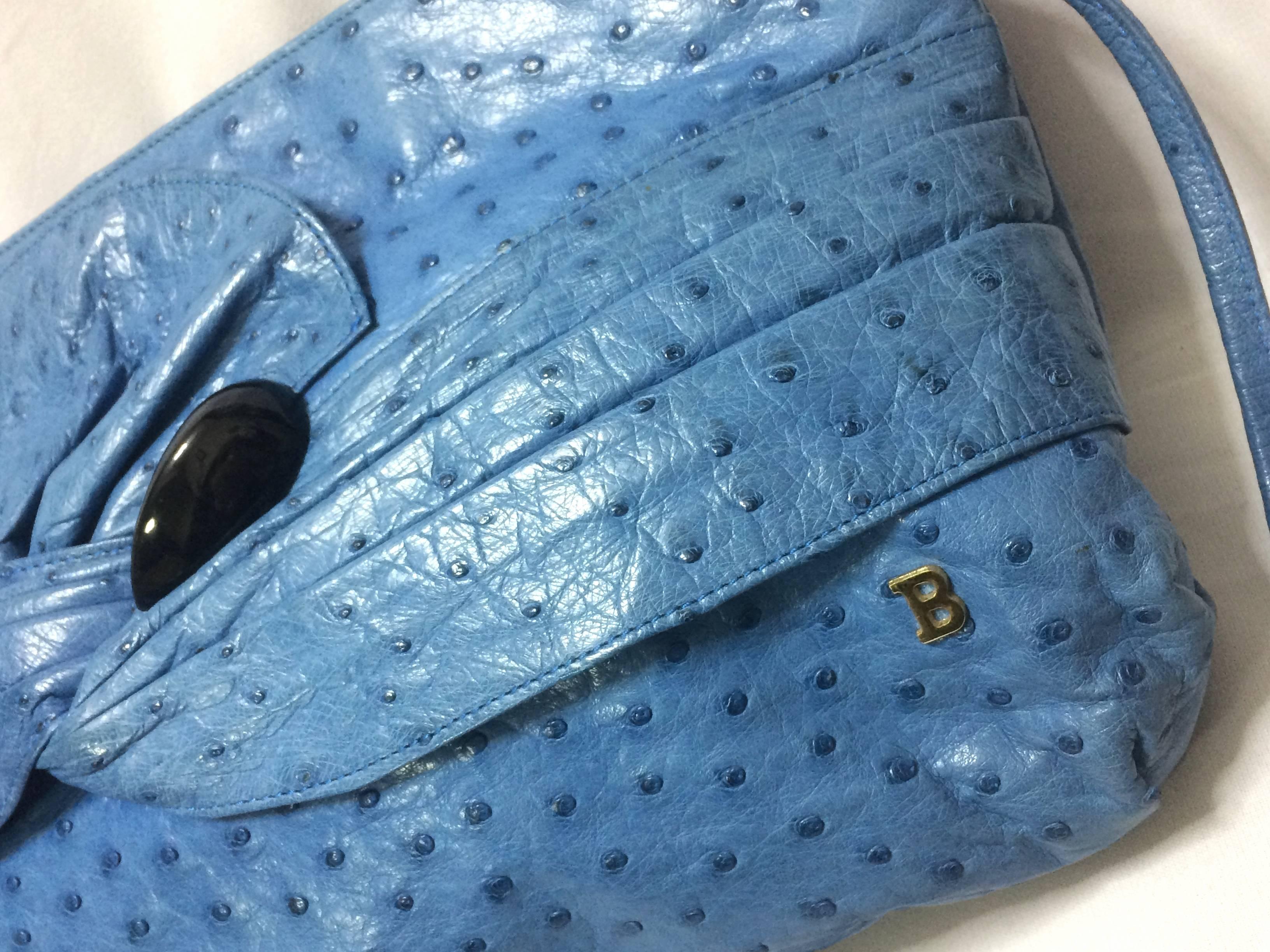 Women's Vintage BALLY genuine blue ostrich leather shoulder bag with gathered knot, 1bow For Sale