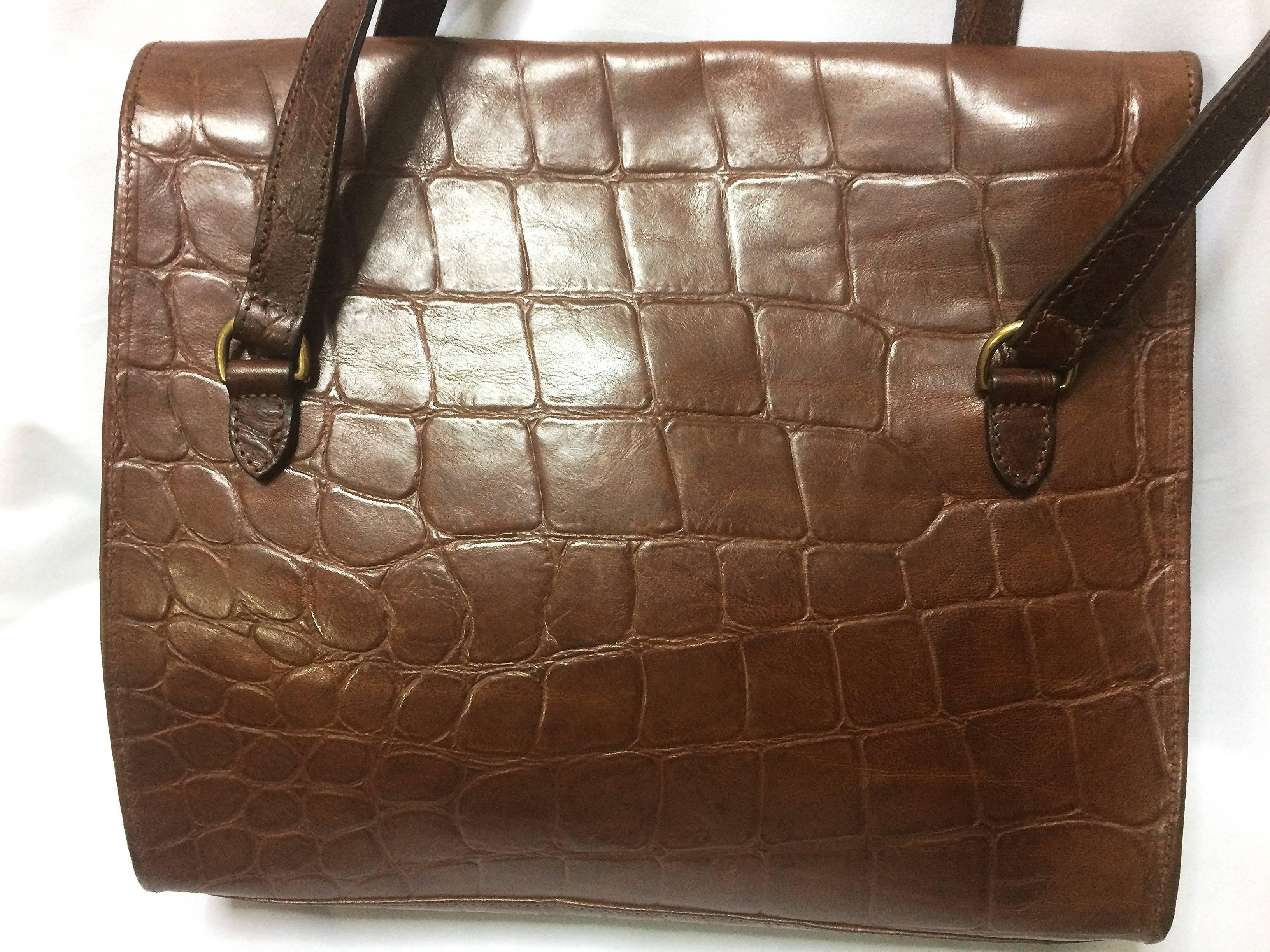 Vintage Mulberry brown croc embossed brown leather shoulder tote bag. In Good Condition In Kashiwa, Chiba