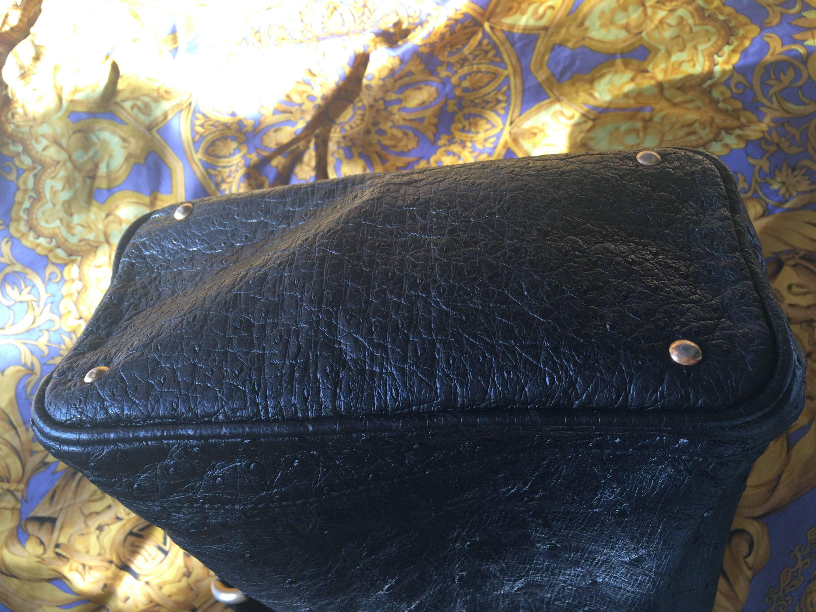 Black Vintage BALLY genuine black ostrich leather hobo bucket shoulder bag. For Sale