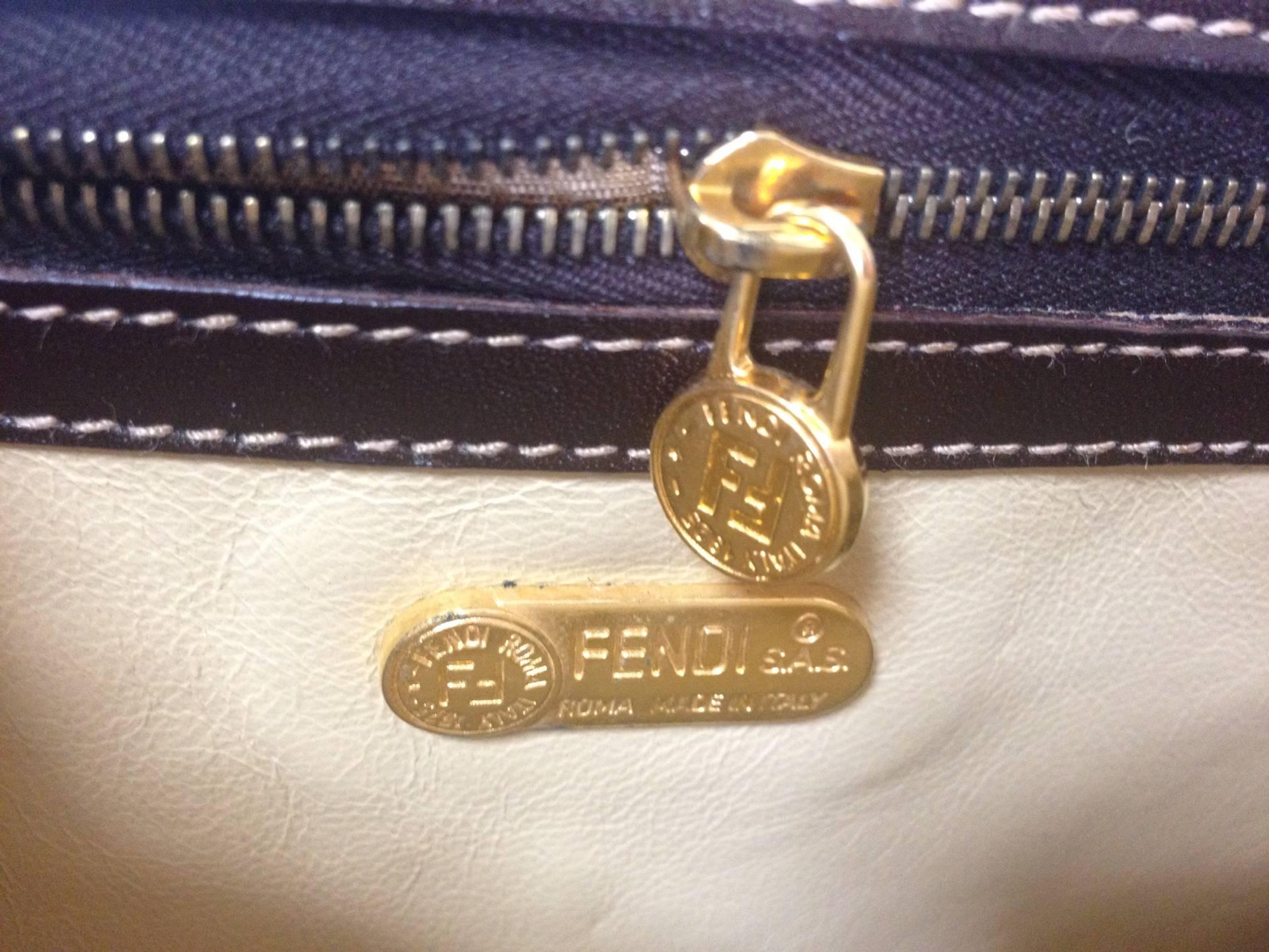 Vintage FENDI genuine dark brown leather handbag with golden FF logo at closure. For Sale 3