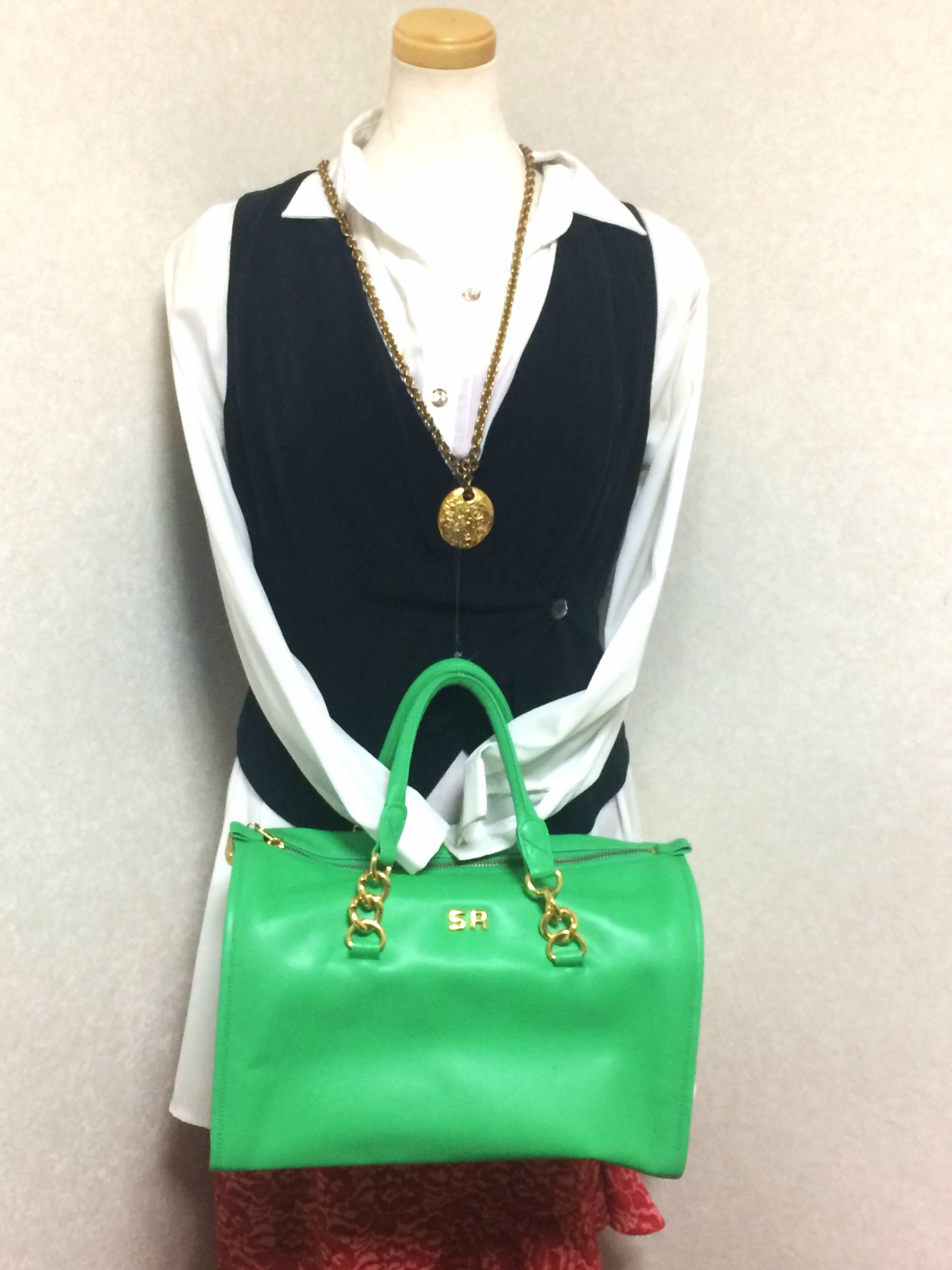 Vintage SONIA RYKIEL green leather handbag purse in speedy bag style with chains 4