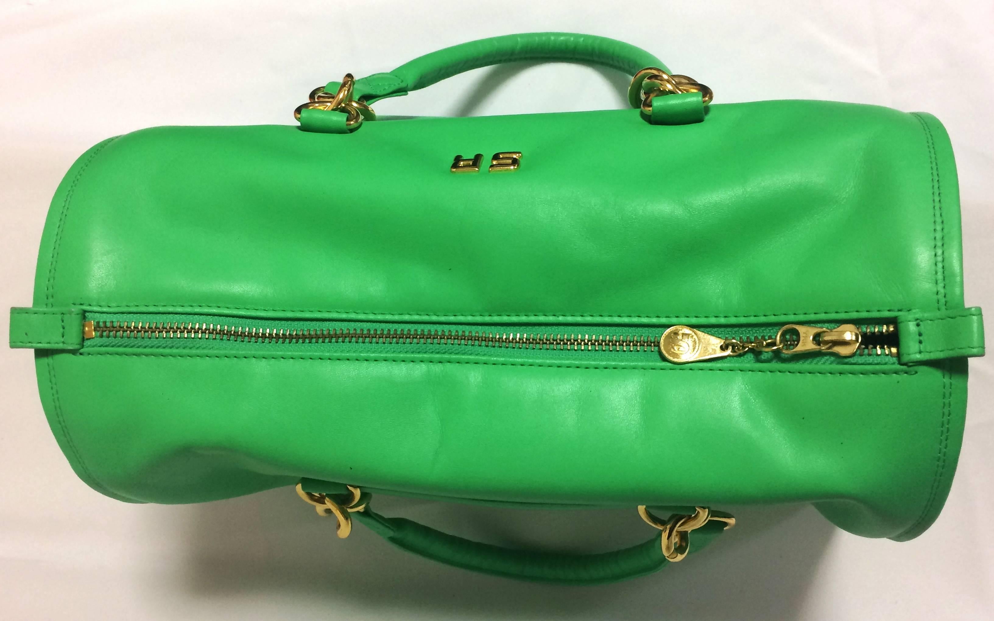 Vintage SONIA RYKIEL green leather handbag purse in speedy bag style with chains In Good Condition In Kashiwa, Chiba