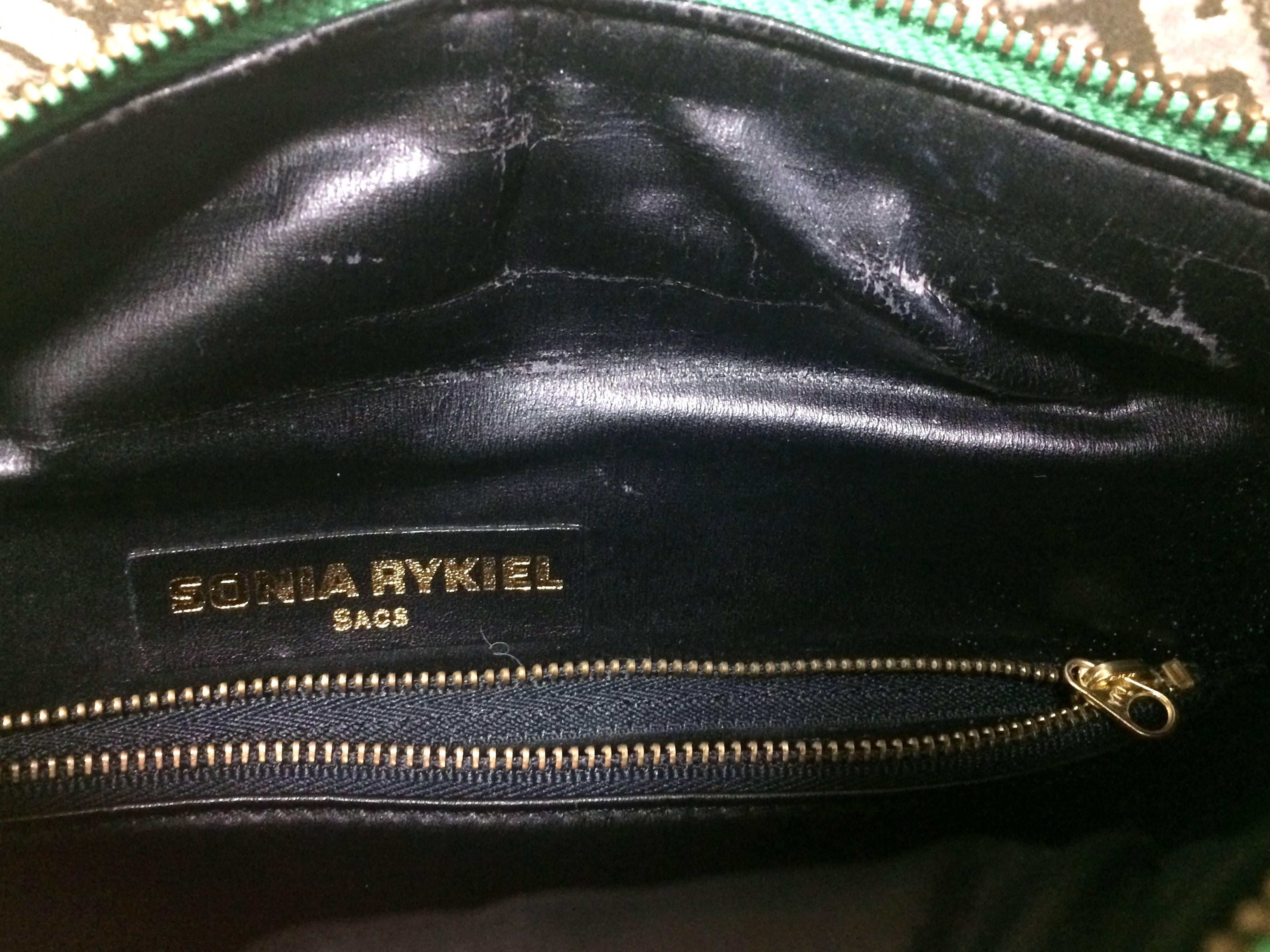 Vintage SONIA RYKIEL green leather handbag purse in speedy bag style with chains 2