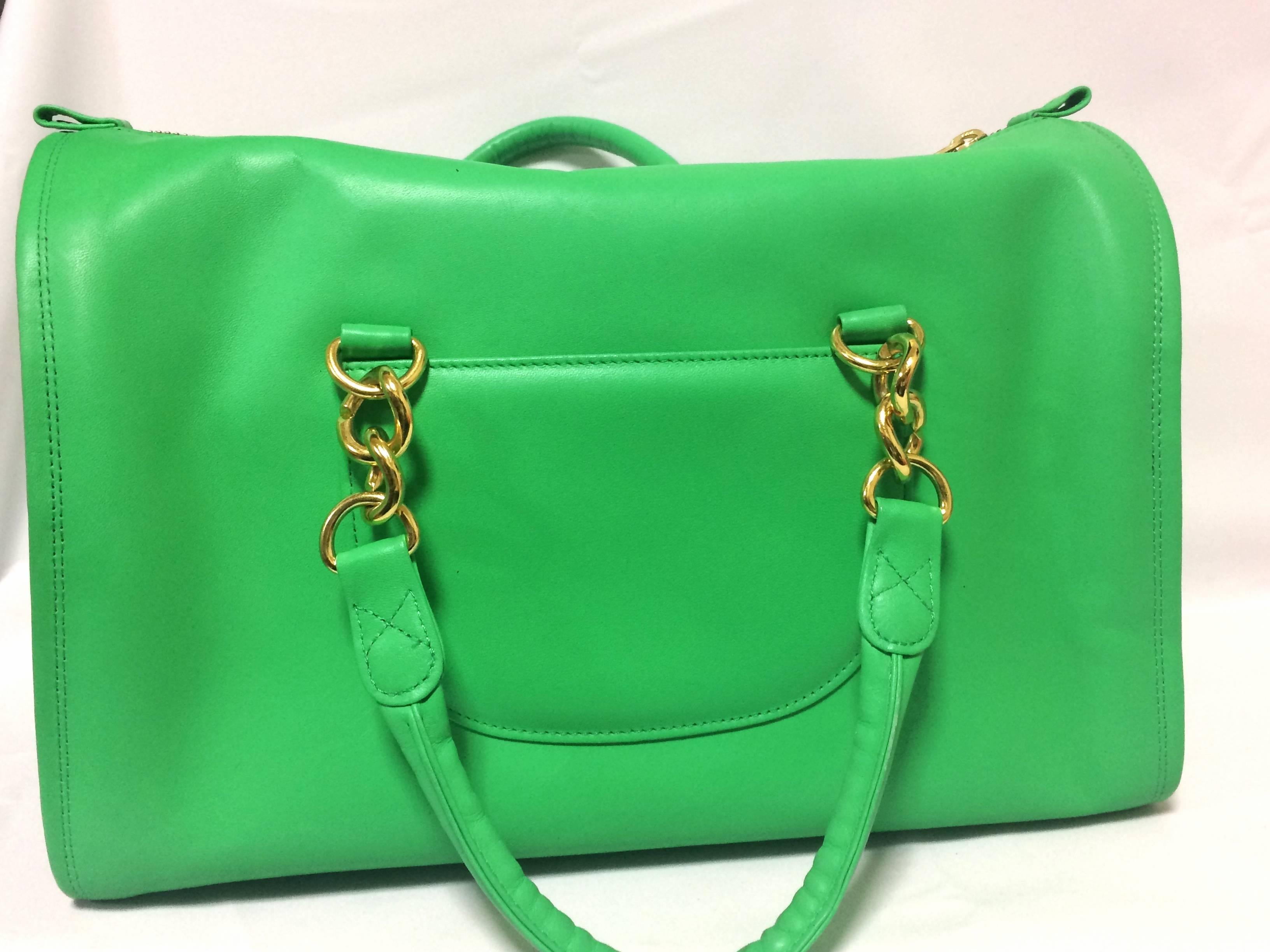 Green Vintage SONIA RYKIEL green leather handbag purse in speedy bag style with chains