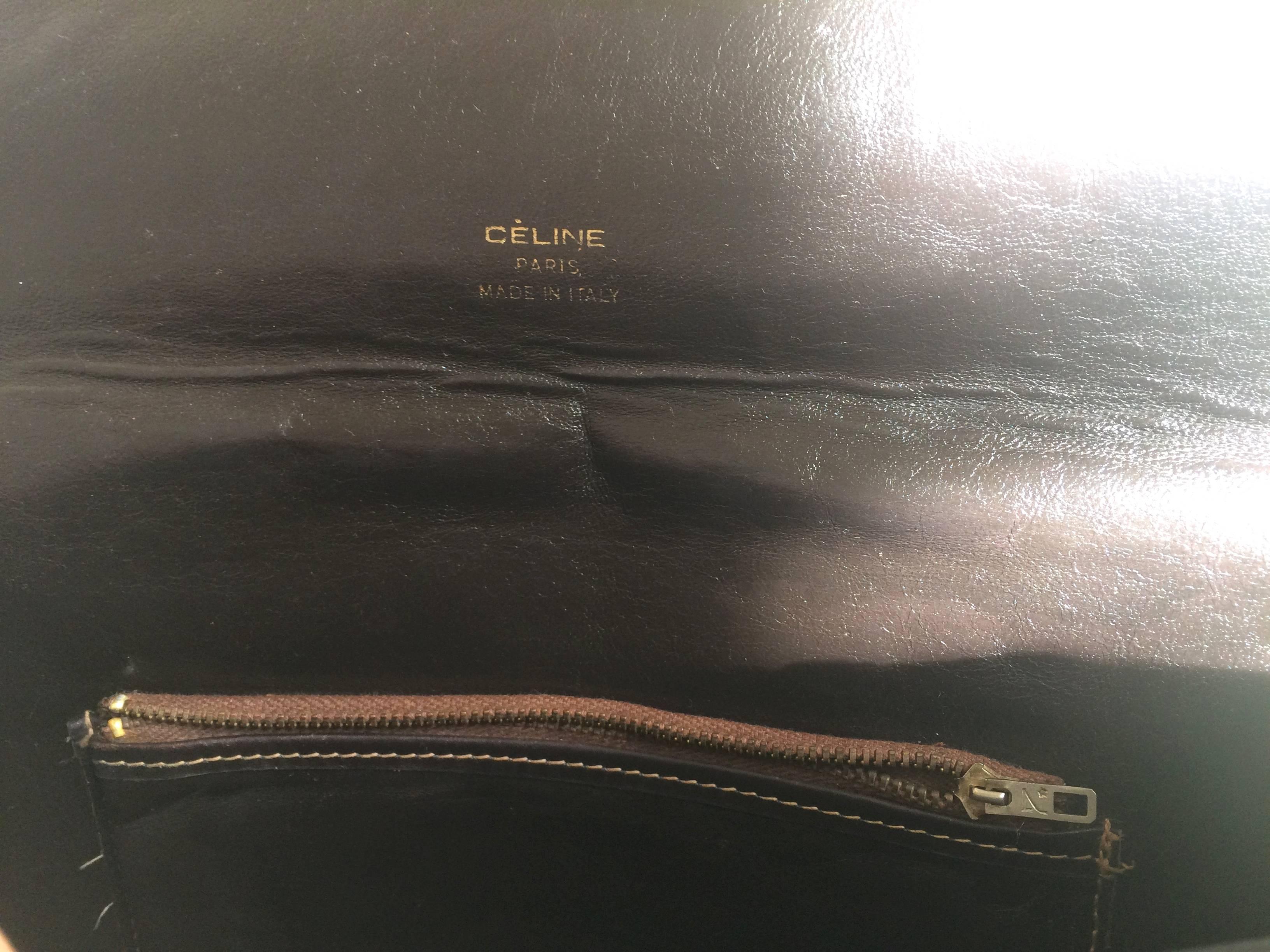 Vintage CELINE dark brown logo carriage jacquard clutch bag with leather pipings 3