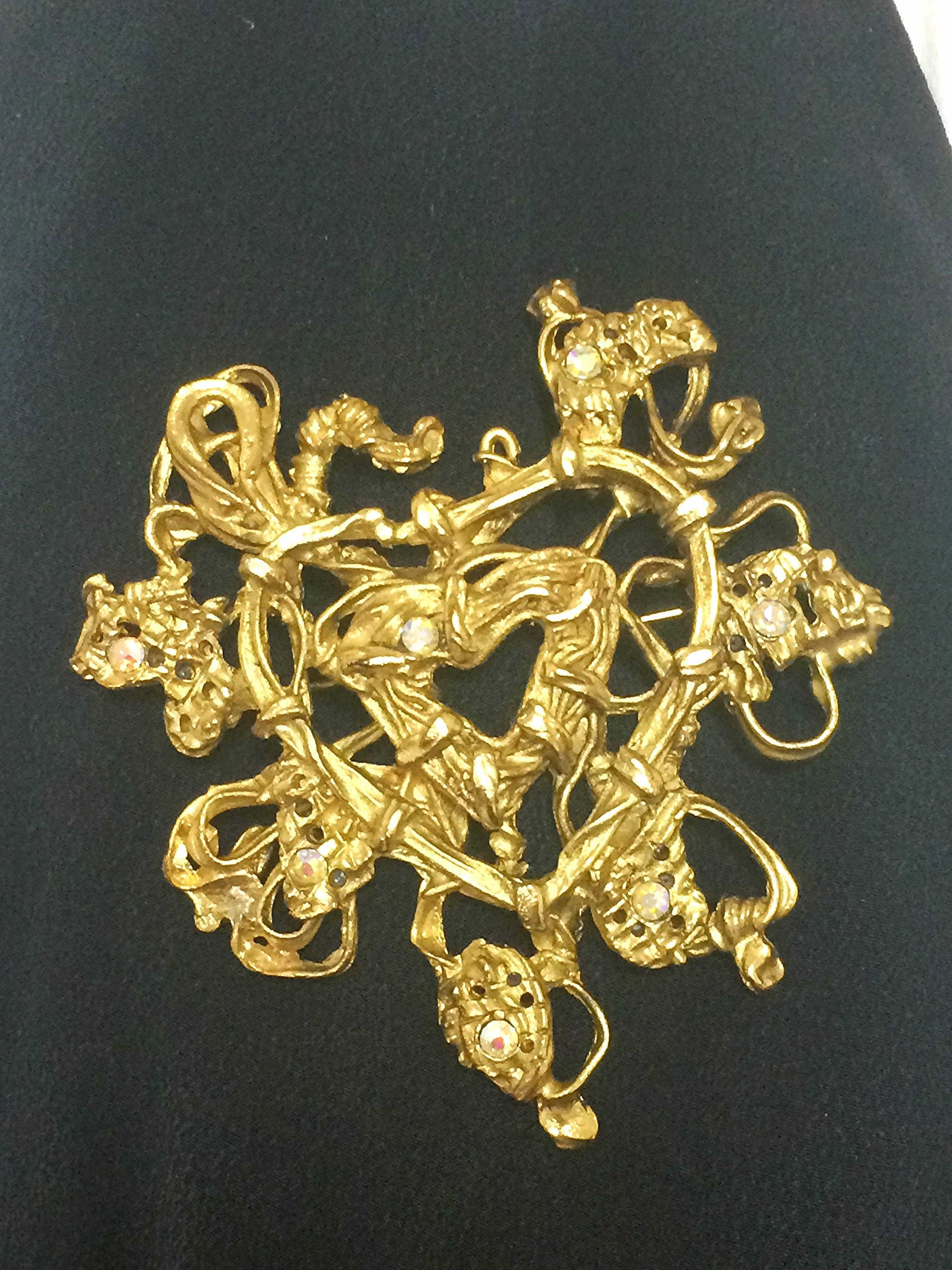 1990s. Vintage Christian Lacroix golden large edwardian heart and arabesque design brooch, hat pin, jacket pin with Swarovski stones. Perfect jewelry.
Great gift idea. Free gift wrapping. 

Can be used as a hat pin, scarf pin, and jacket pin as