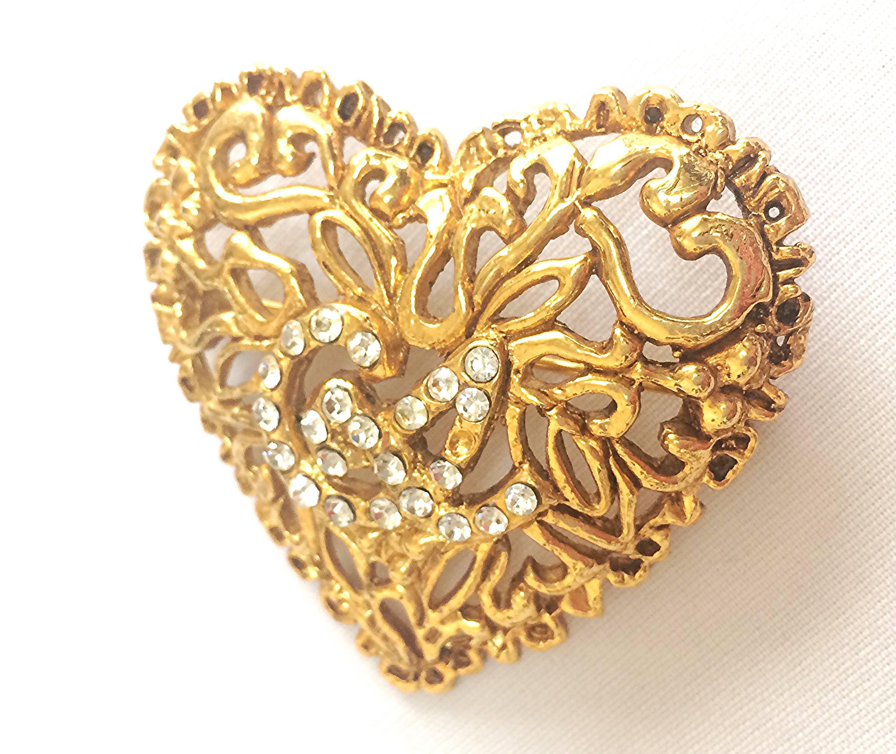 Edwardian Vintage Christian Lacroix golden edwardian heart and arabesque design brooch For Sale