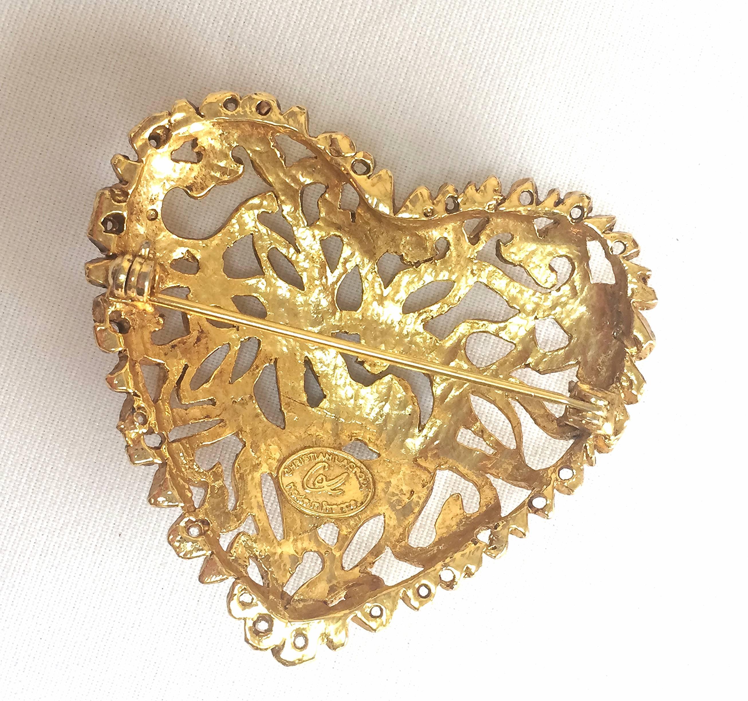 Women's Vintage Christian Lacroix golden edwardian heart and arabesque design brooch For Sale