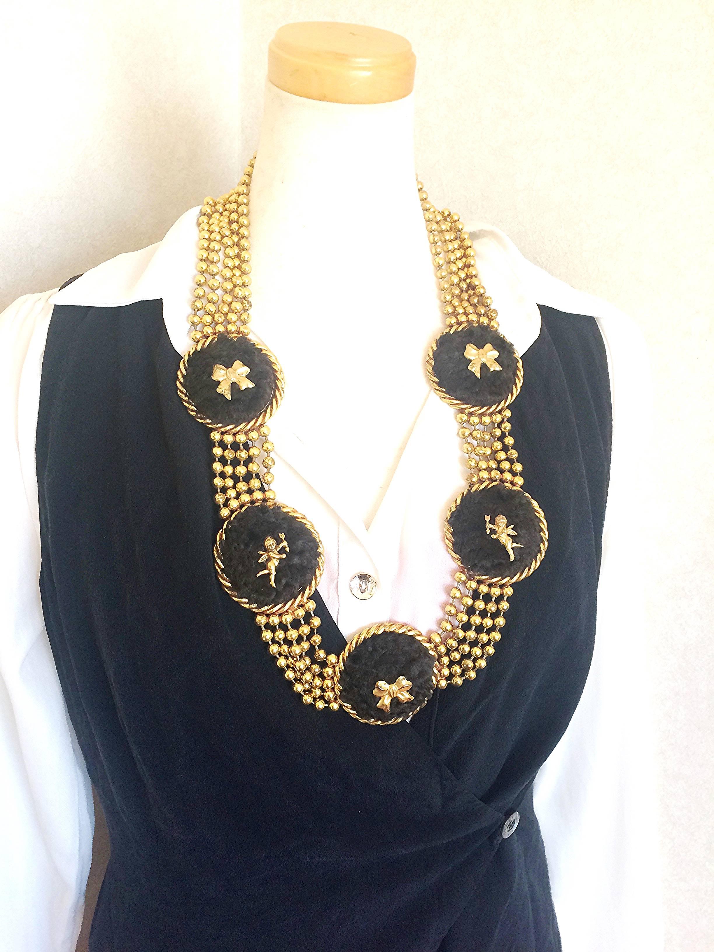 Beige Vintage Karl Lagerfeld golden ball chain belt, necklace with extra large motifs.