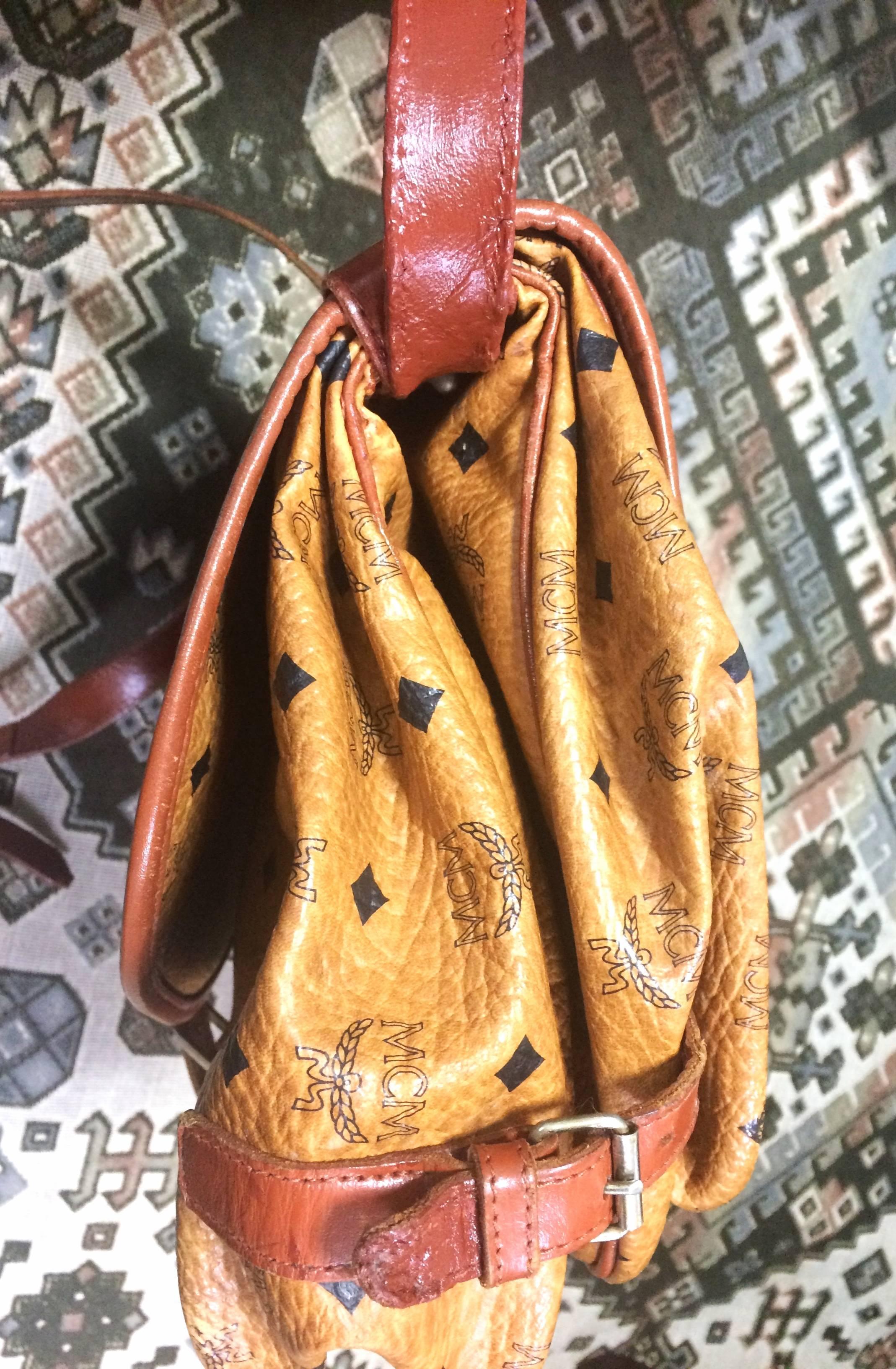 Vintage MCM brown monogram saumur messenger shoulder bag with leather trimmings. 1