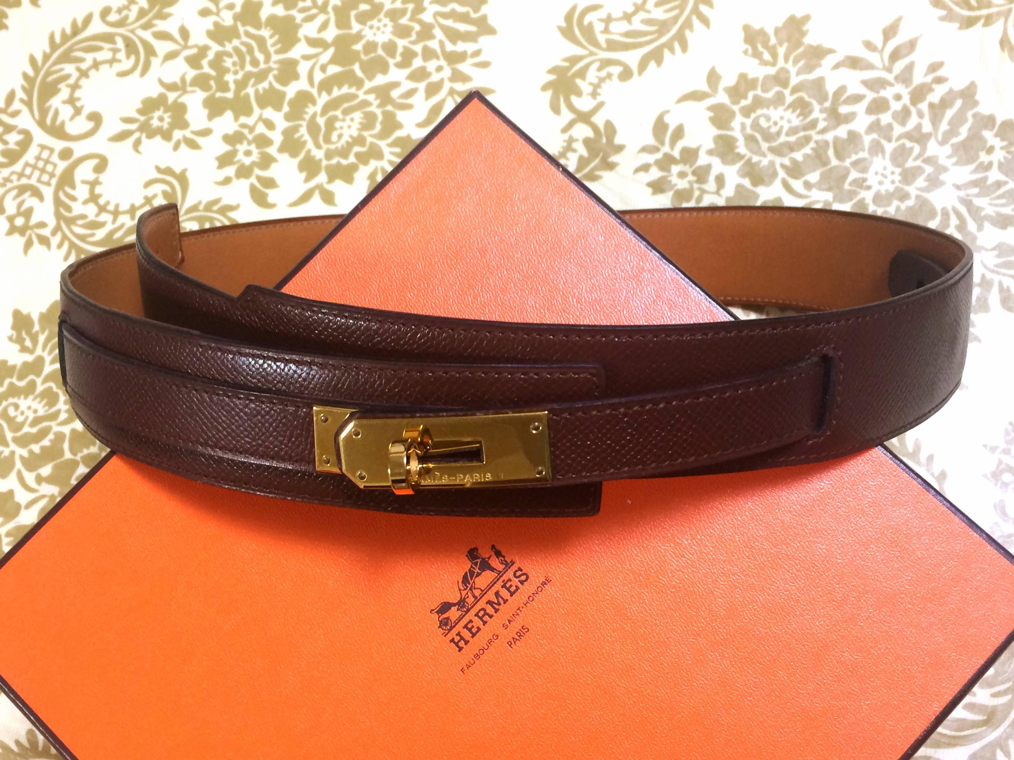 MINT. Vintage HERMES brown courchevel leather Kelly belt. Stamp S in O, 1989.  4