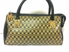 Vintage MOSCHINO black and ivory beige logo M print handbag, mini duffle bag.