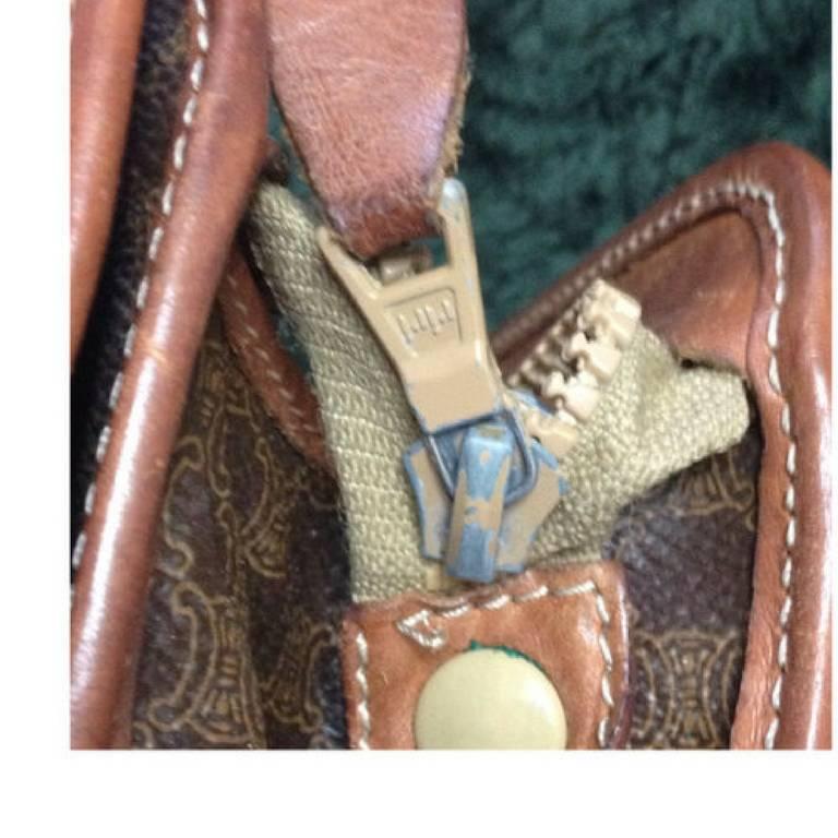 Brown Vintage CELINE brown macadam blason pattern cosmetic, toiletry purse. Clutch bag For Sale