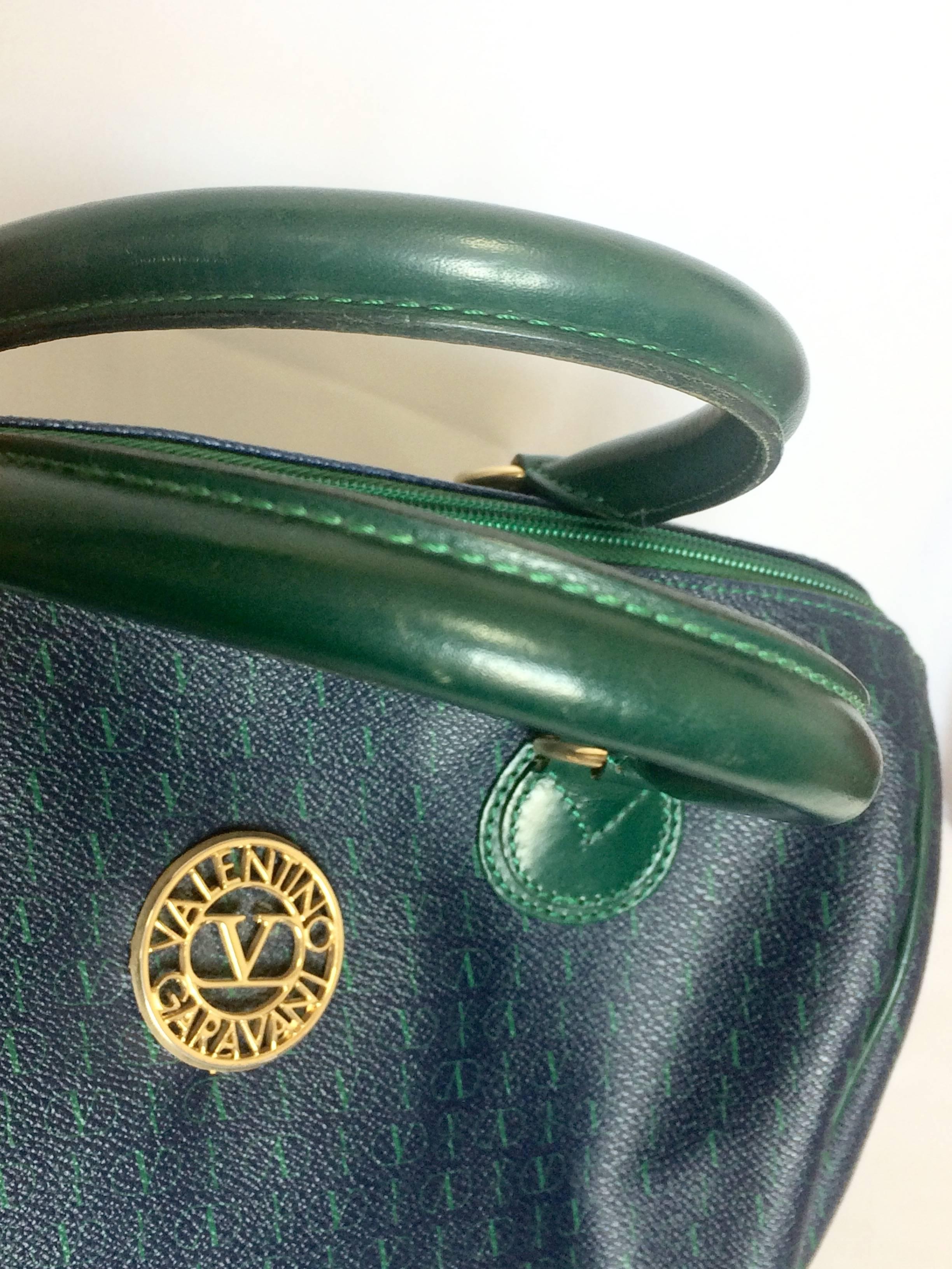 Gray Vintage Valentino Garavani blue and green speedy handbag with logo motifs. For Sale