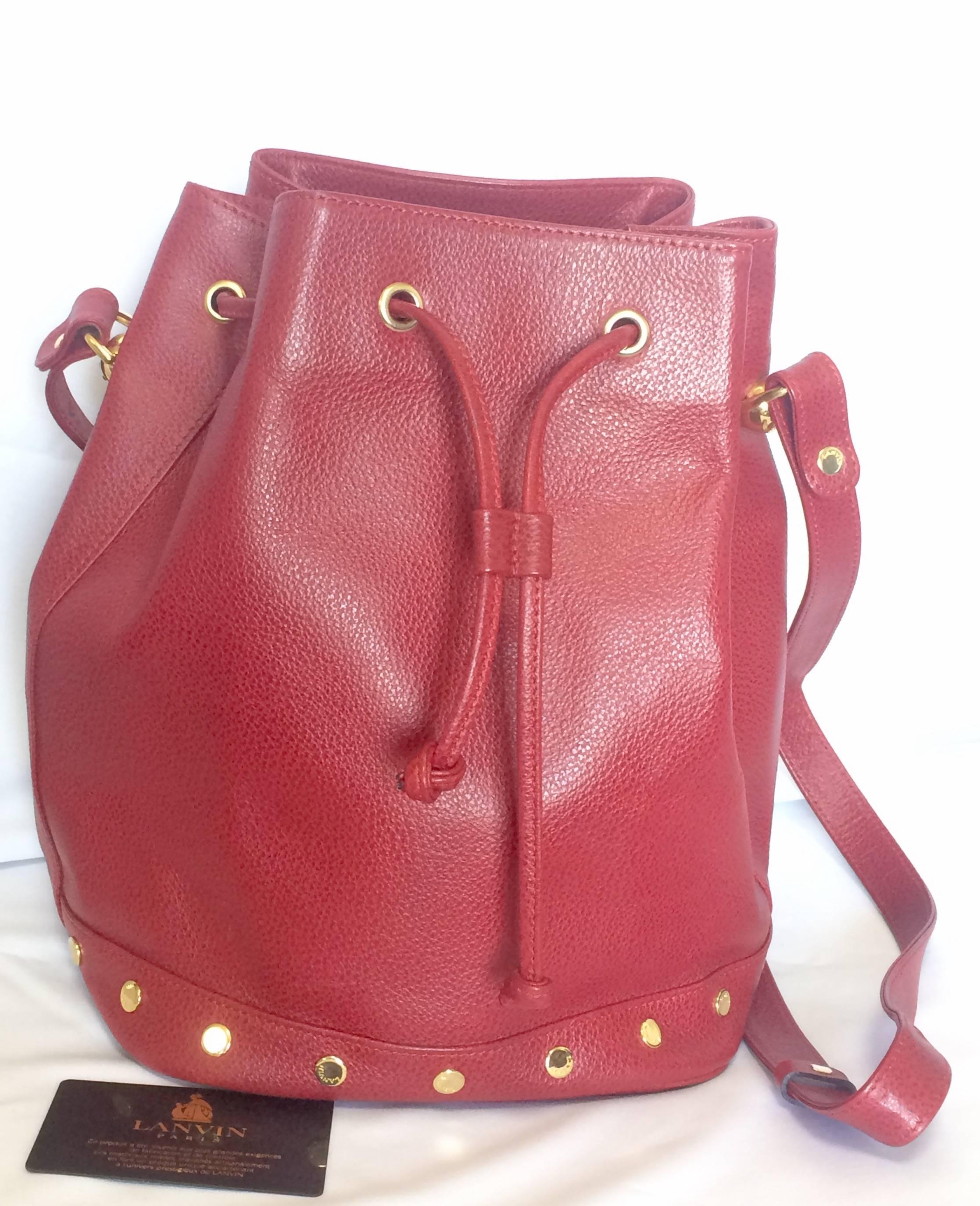 Vintage LANVIN apricot red hobo bucket shoulder bag with studded logo motifs. 5