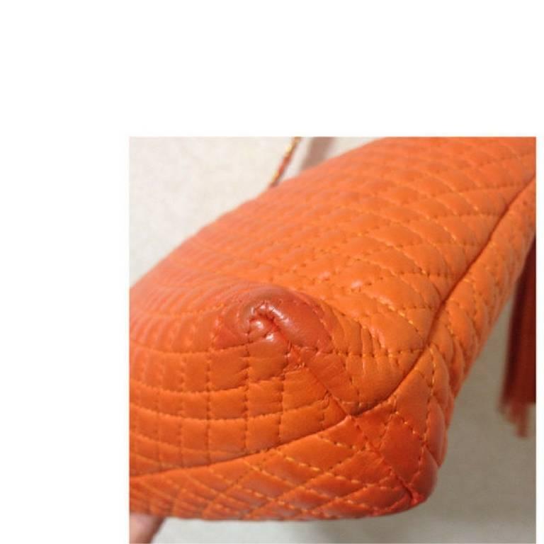 Vintage BALLY orange quilted lamb golden chain shoulder purse with fringes. For Sale 1