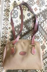 Vintage Mulberry khaki shoulder bag with fabric and brown leather mix trimmings.