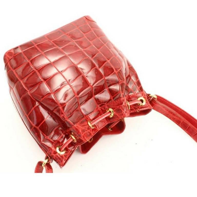 Vintage LANVIN genuine glossy red crocodile bucket, hobo shoulder bag. Rare bag. For Sale 1
