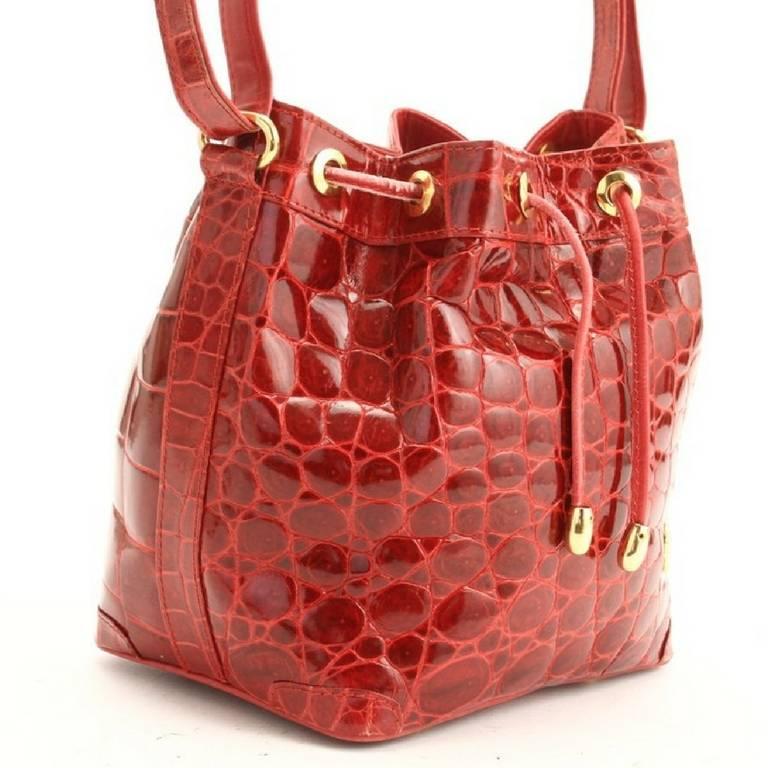 Red Vintage LANVIN genuine glossy red crocodile bucket, hobo shoulder bag. Rare bag. For Sale