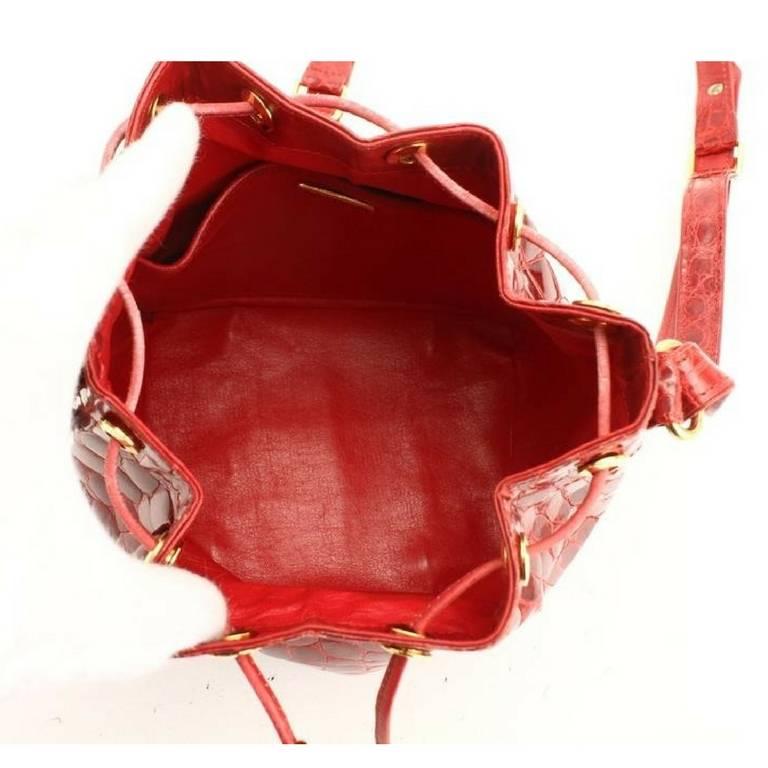 Vintage LANVIN genuine glossy red crocodile bucket, hobo shoulder bag. Rare bag. For Sale 3