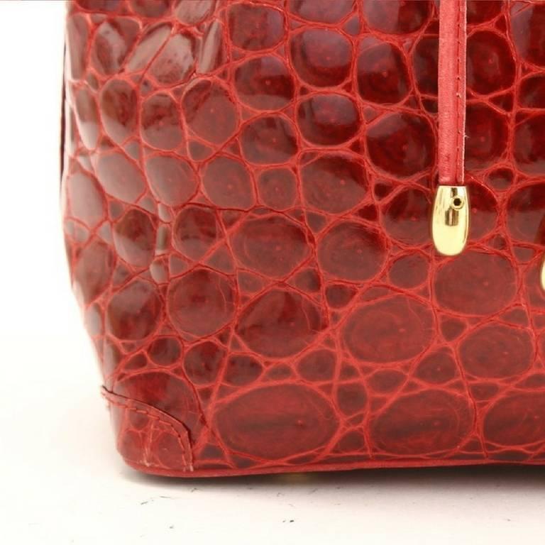 Women's Vintage LANVIN genuine glossy red crocodile bucket, hobo shoulder bag. Rare bag. For Sale