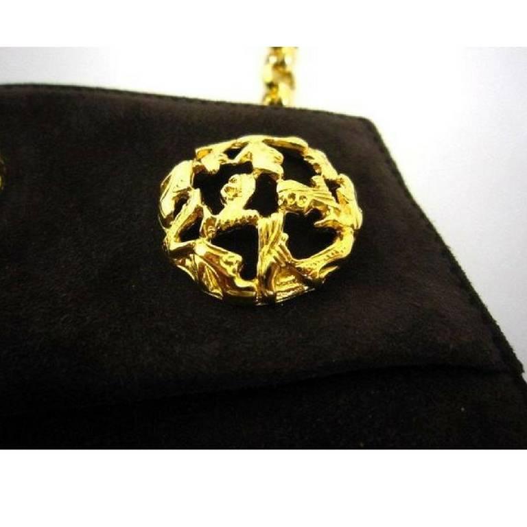 Black Vintage Salvatore Ferragamo dark brown suede shoulder bag, clutch, gold motifs.