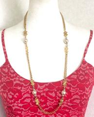 Vintage Celine golden necklace with macadam logo charm, faux pearls, and crystal