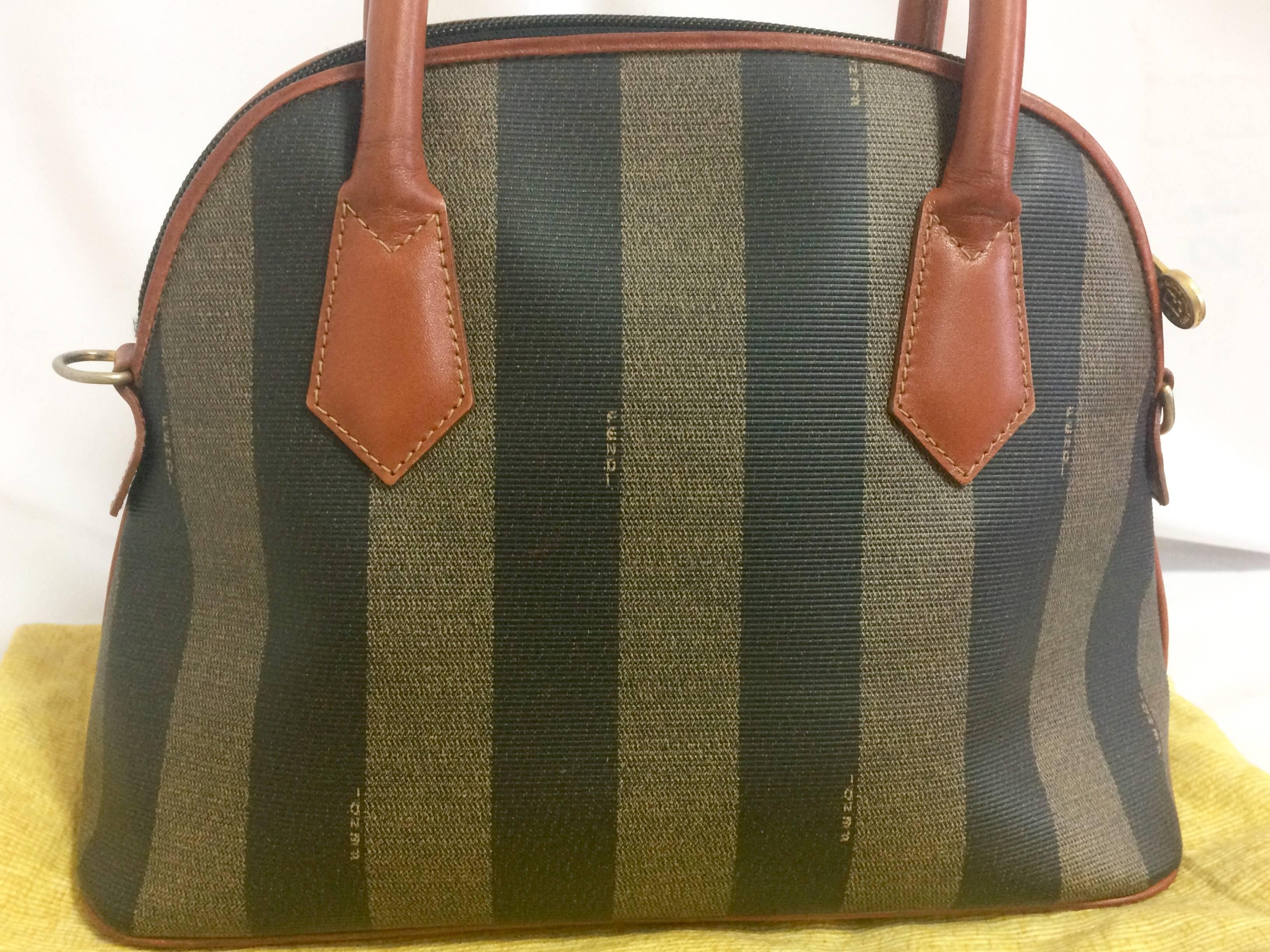 Brown Vintage FENDI pecan khaki and gray stripe bolide bag with brown leather handles.