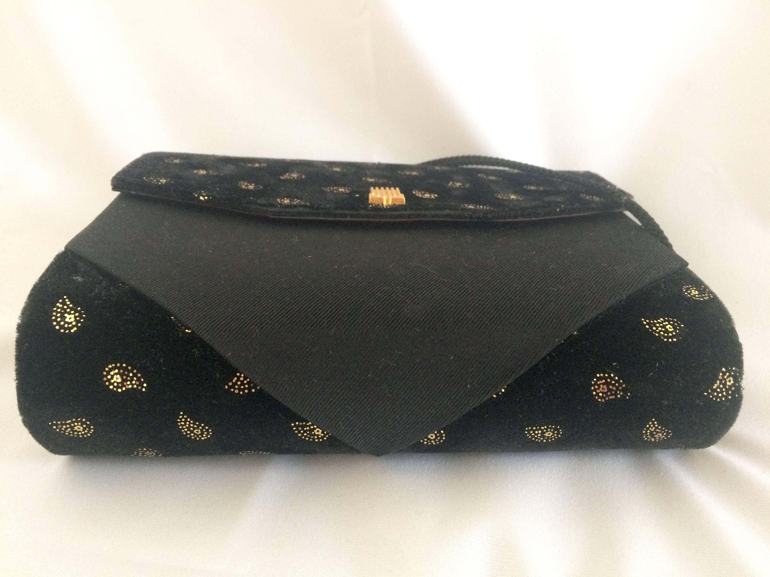 Black Vintage LANVIN black velvet and fabric clutch shoulder bag with paisley prints. For Sale