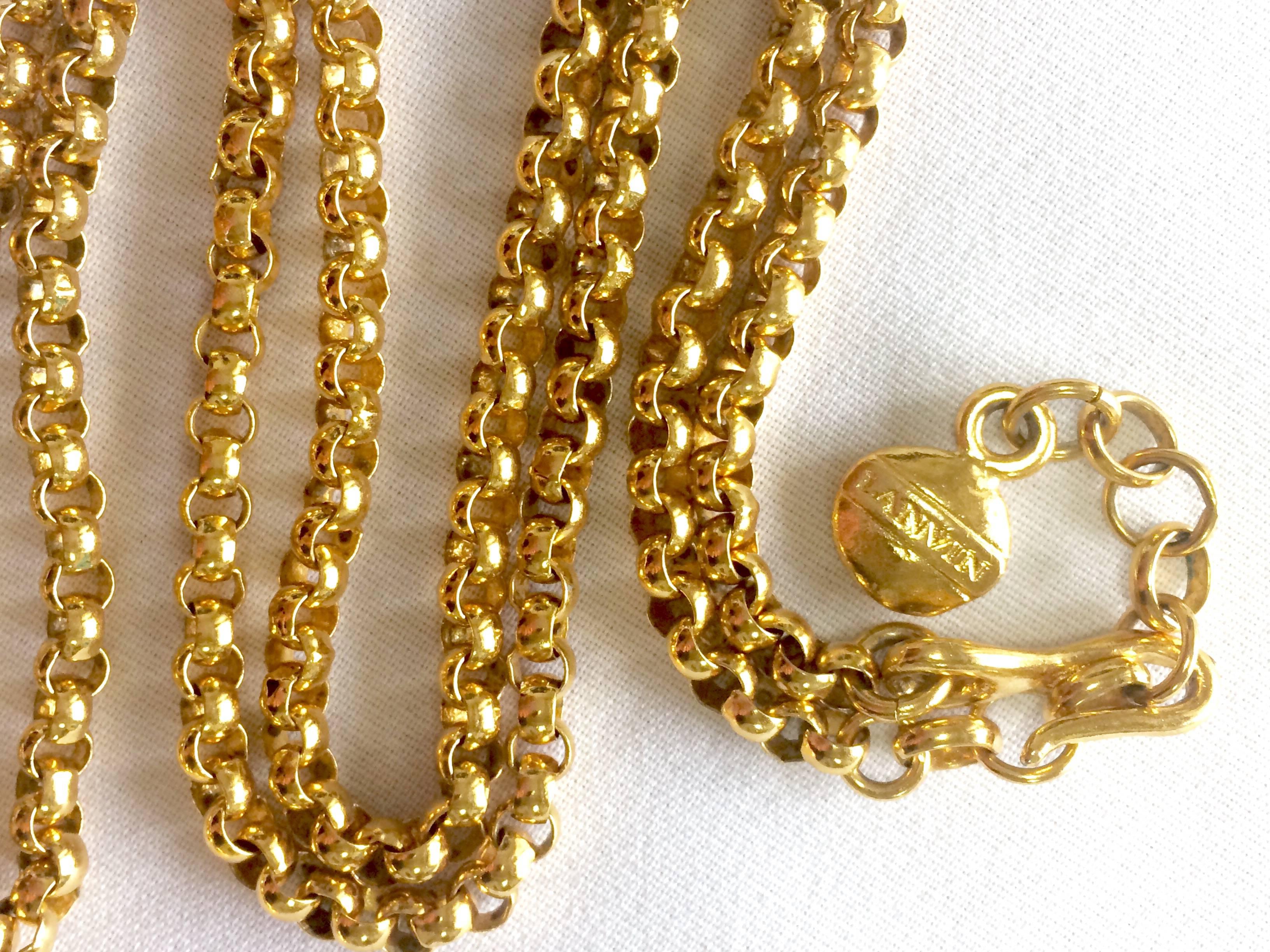 MINT. Vintage LANVIN golden chain necklace with large logo pendant top. Germany. In Excellent Condition In Kashiwa, Chiba