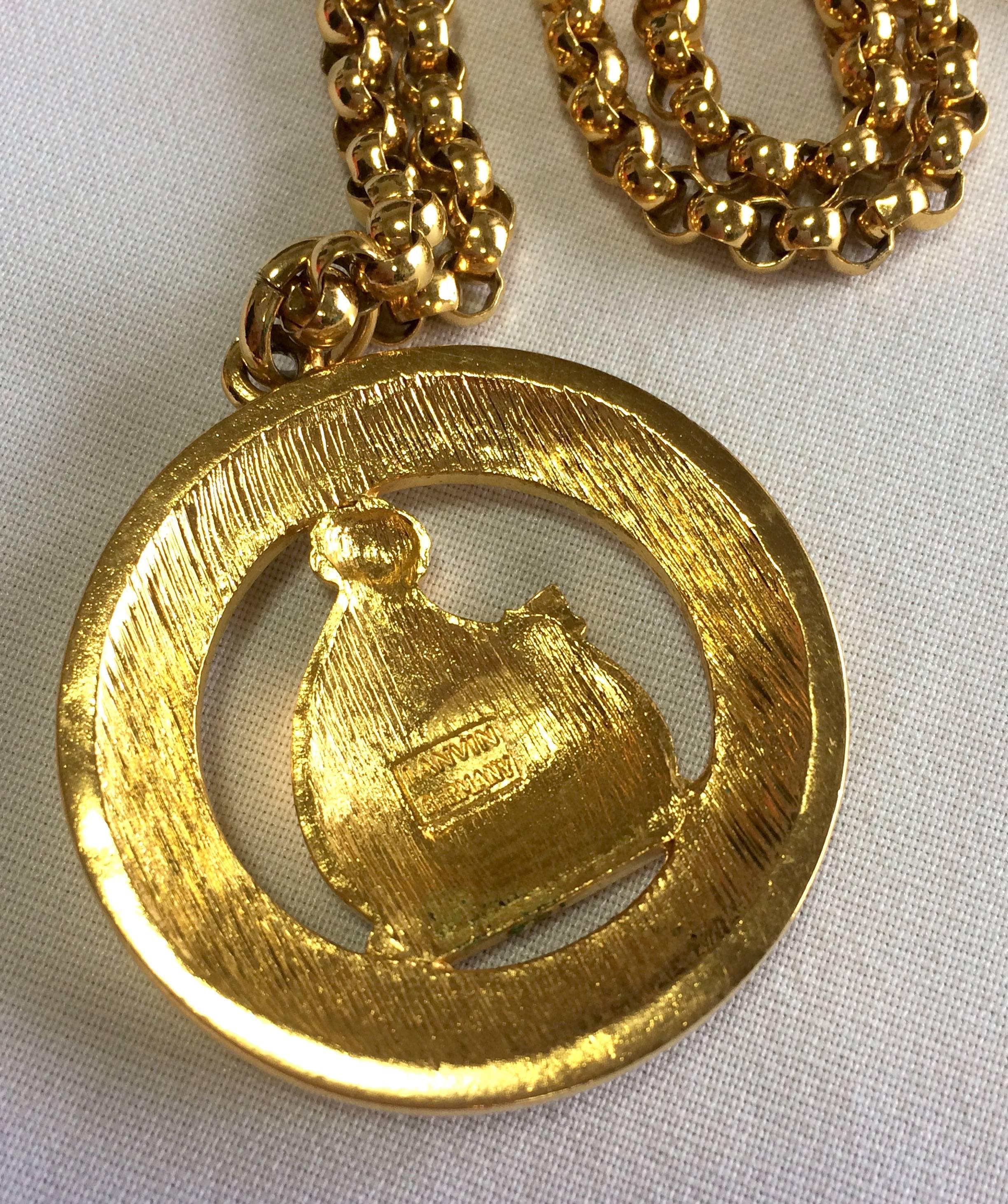 Women's MINT. Vintage LANVIN golden chain necklace with large logo pendant top. Germany.