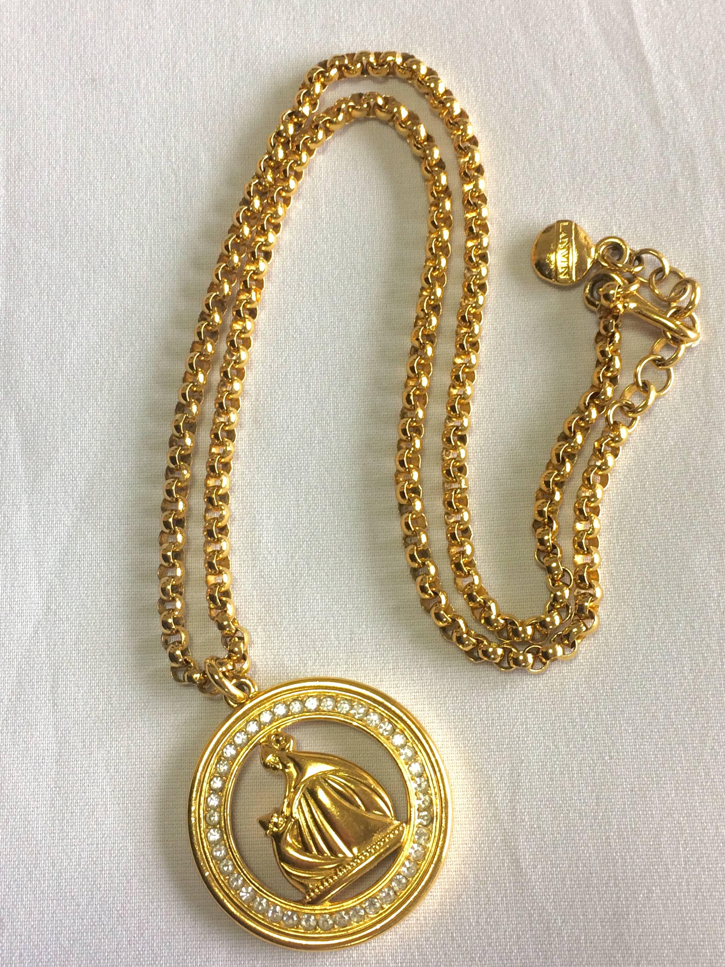 MINT. Vintage LANVIN golden chain necklace with large logo pendant top. Germany. 1