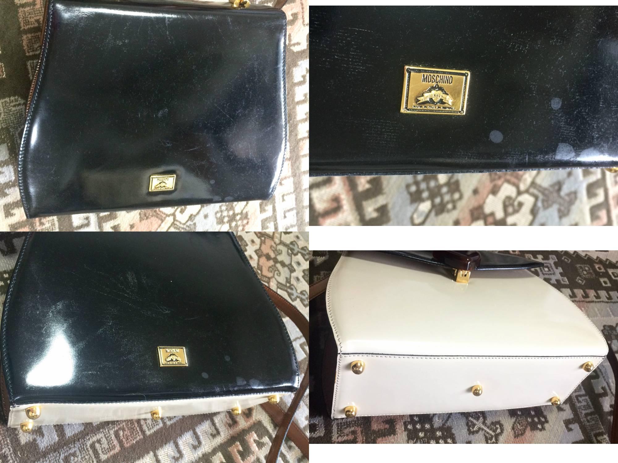 Vintage MOSCHINO white, black, brown patent enamel bag with heart motif. RedWall For Sale 2
