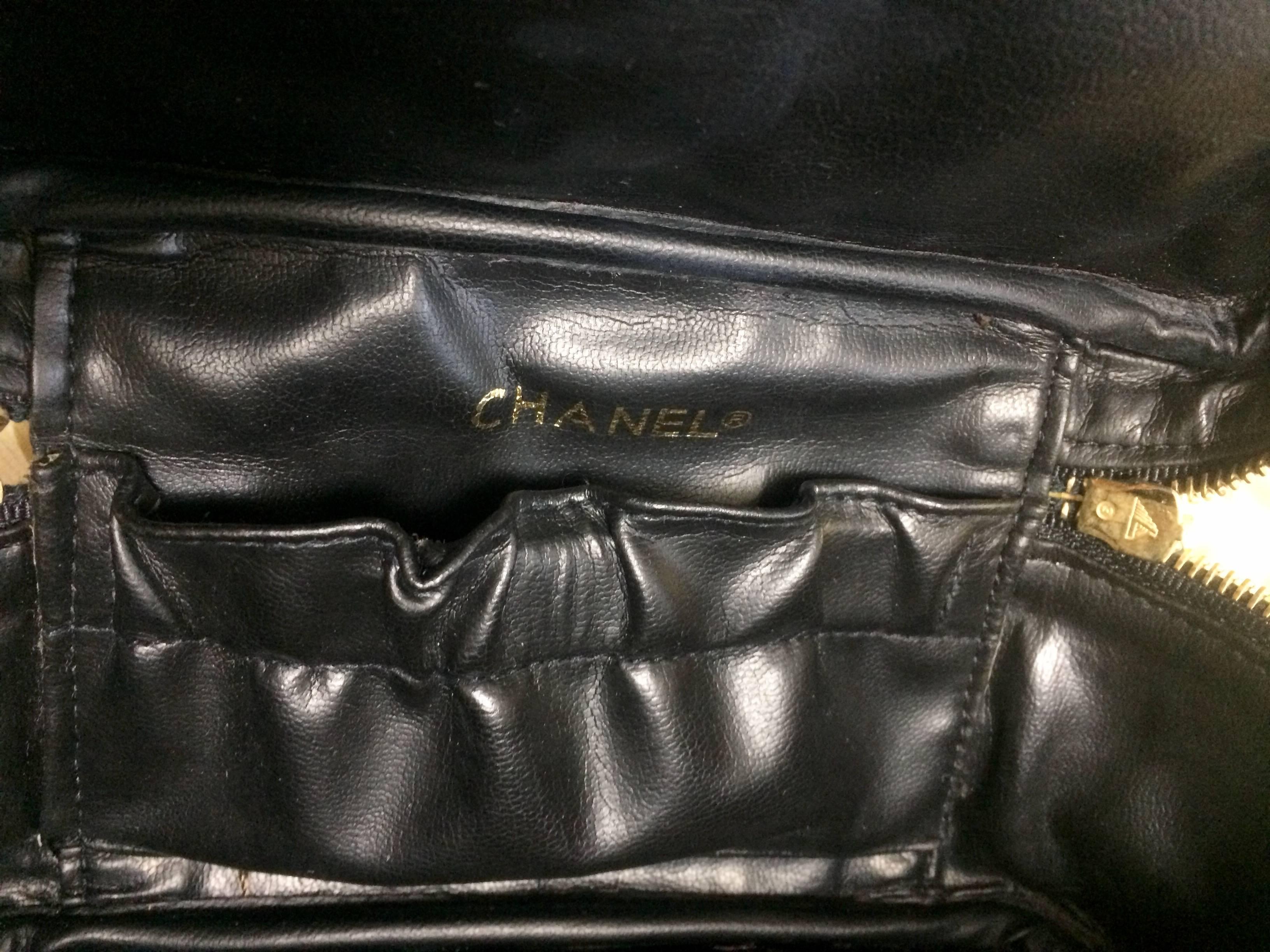 Women's Vintage CHANEL black leather and canvas fabric vanity bag, cosmetic pouch. For Sale
