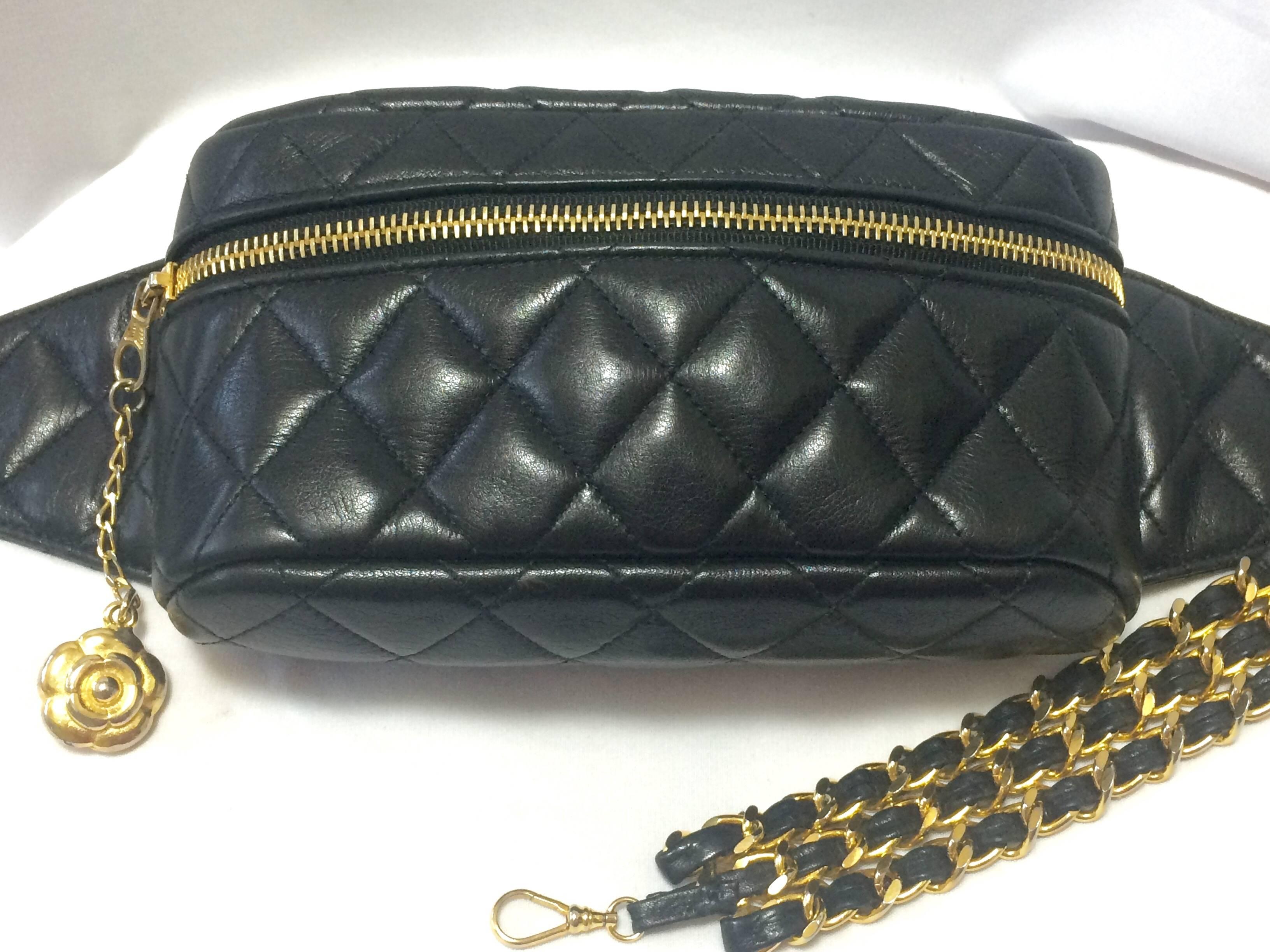 Black Vintage CHANEL black waist bag, fanny pack with triple golden chain leather belt For Sale
