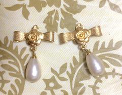 Vintage CHANEL golden bow and camellia motif and dangling white teardrop earring