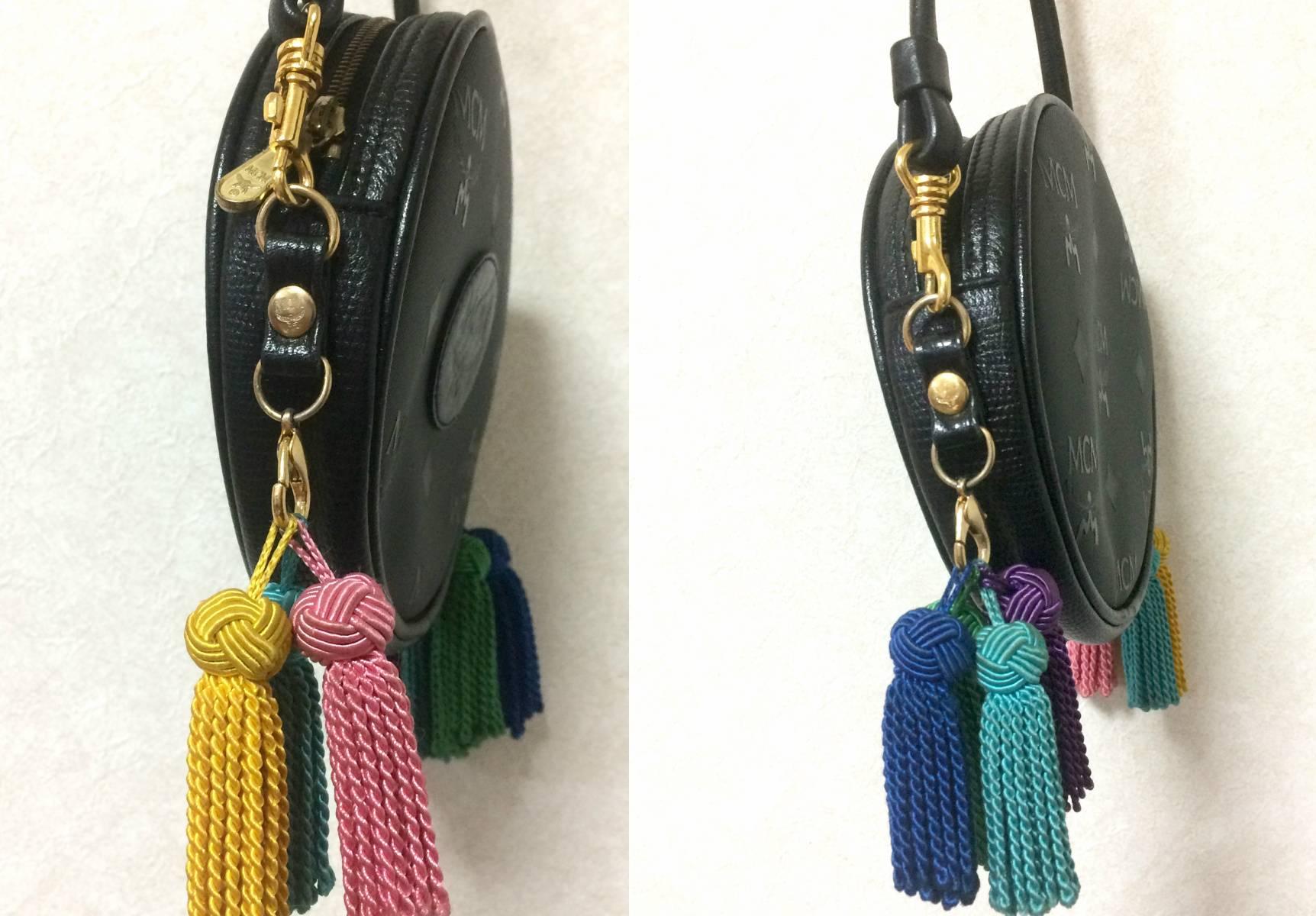 Black Vintage MCM black monogram Suzy Wong mini shoulder purse with multicolor fringes