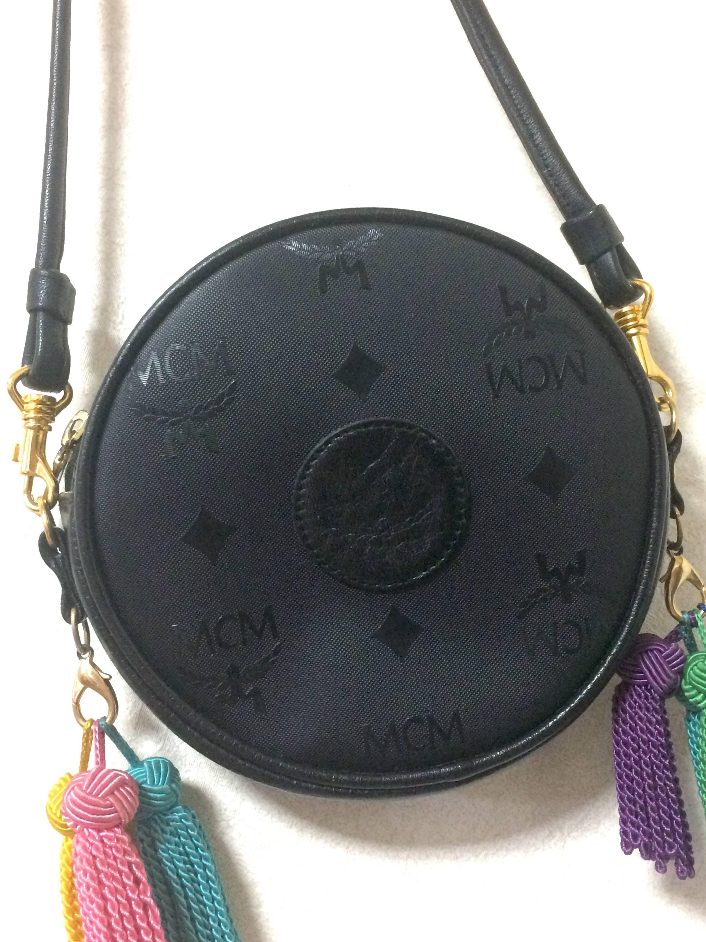 Vintage MCM black monogram Suzy Wong mini shoulder purse with multicolor fringes In Excellent Condition In Kashiwa, Chiba