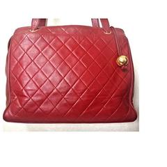Vintage CHANEL deep red color classic quilted leather tote bag with gold ball.