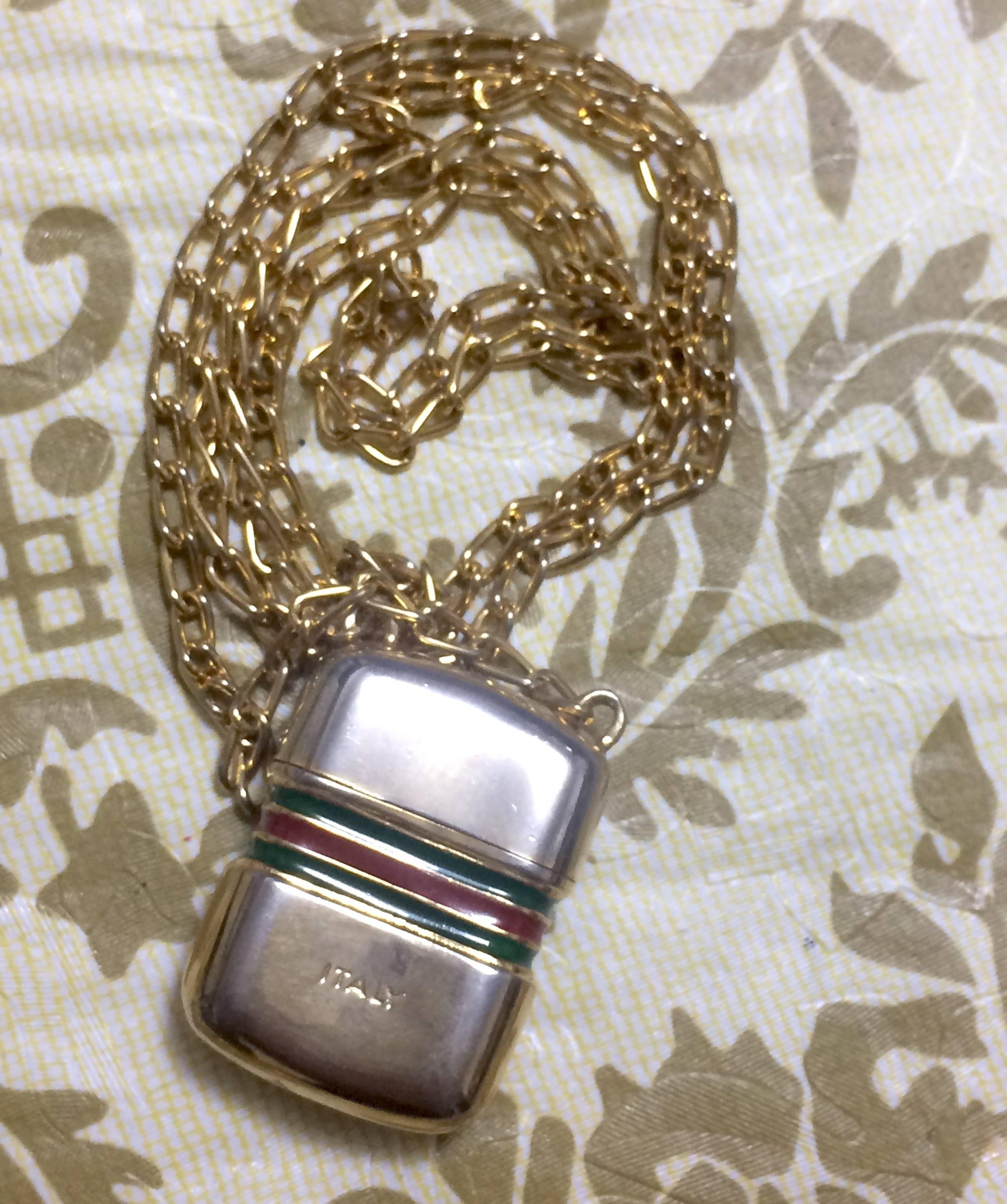 Vintage Gucci golden mini bottle, pill case design necklace with webbing line. For Sale 3